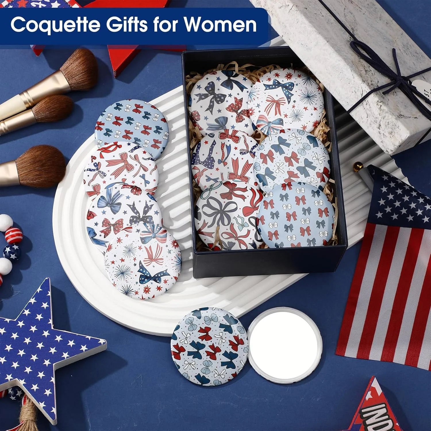 آینه جیبی سین وُیس طرح پاپیون قرمز، سفید و آبی، بسته 48 عددی، مناسب مهمانی های چهارم جولای آمریکا، آینه آرایشی مسافرتی قابل حمل