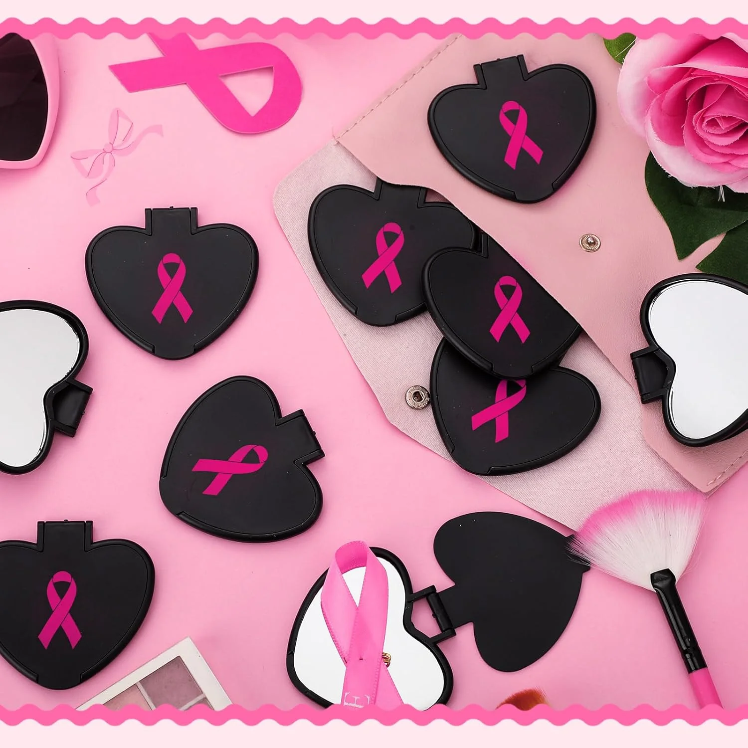 آینه آرایشی تاشو کوچک کولینگ میل، بسته 48 عددی، هدیه ای برای آگاهی از سرطان سینه، آینه جیبی کوچک قلبی شکل قابل حمل، لوازم جانبی آگاهی از سرطان سینه برای زنان (مشکی)