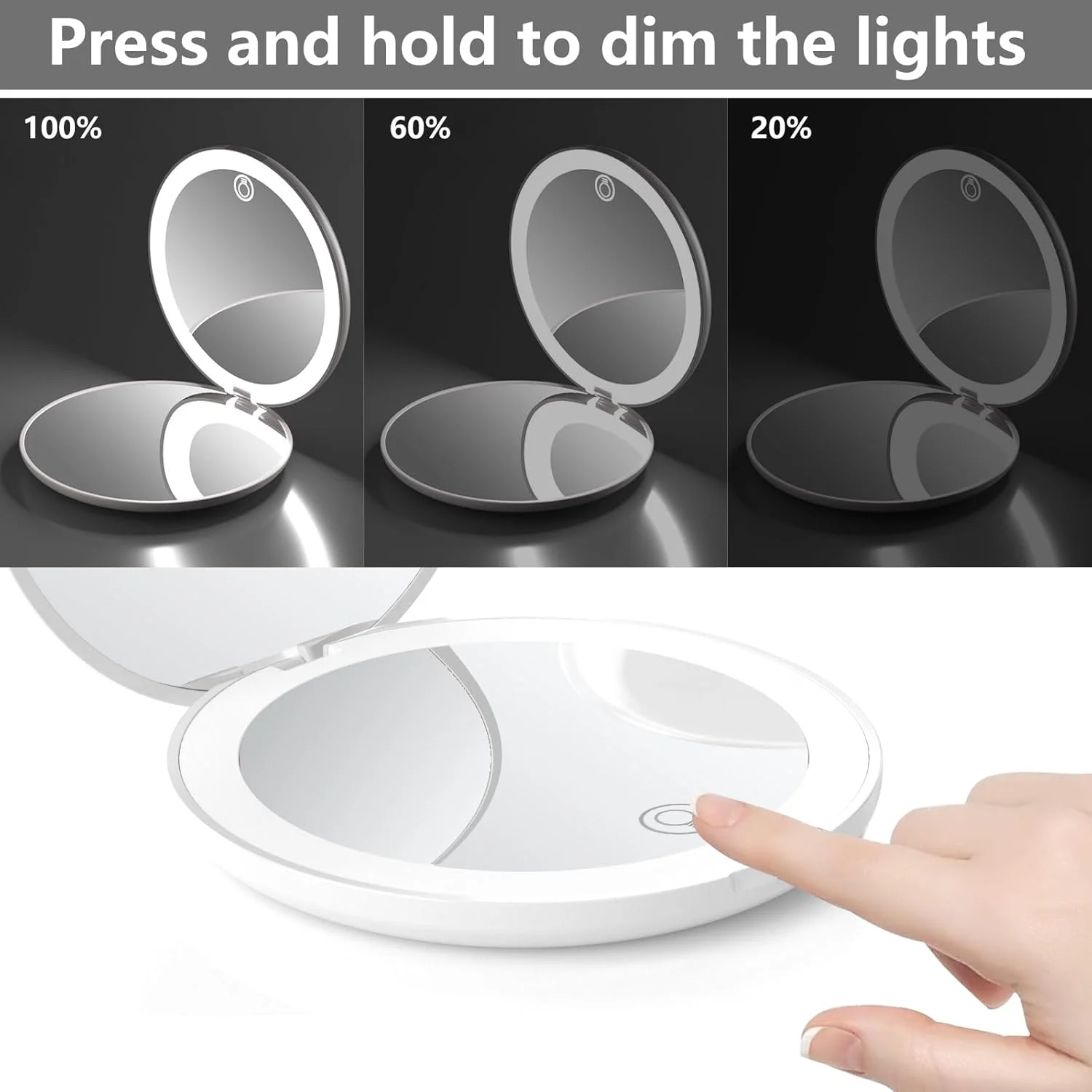 آینه آرایشی مسافرتی قابل شارژ جمع و جور 3.5 اینچی، بزرگنمایی 10 برابر، طراحی تاشو دایره ای دو طرفه، آینه جیبی LED دار، آینه قابل حمل مناسب برای زنان، دختران، دانشجویان، هدیه ایده آل (سفید)