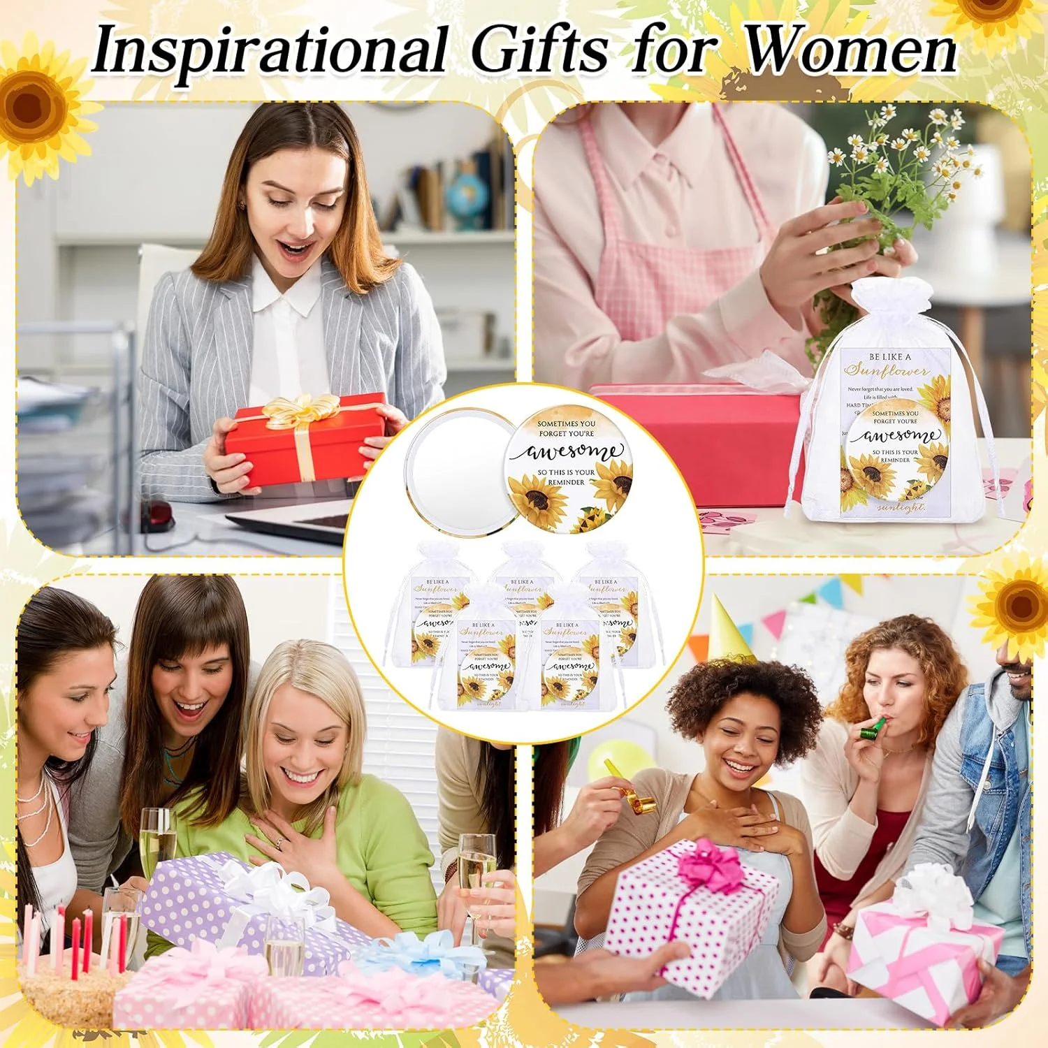 آینه جیبی کوچک انگیزشی Cinnvoice، طرح گل آفتابگردان، بسته 25 عددی، همراه با کارت هدیه، مناسب هدیه برای زنان، معلمان، پرستاران و همکاران - یادآوری برای روزهای سخت