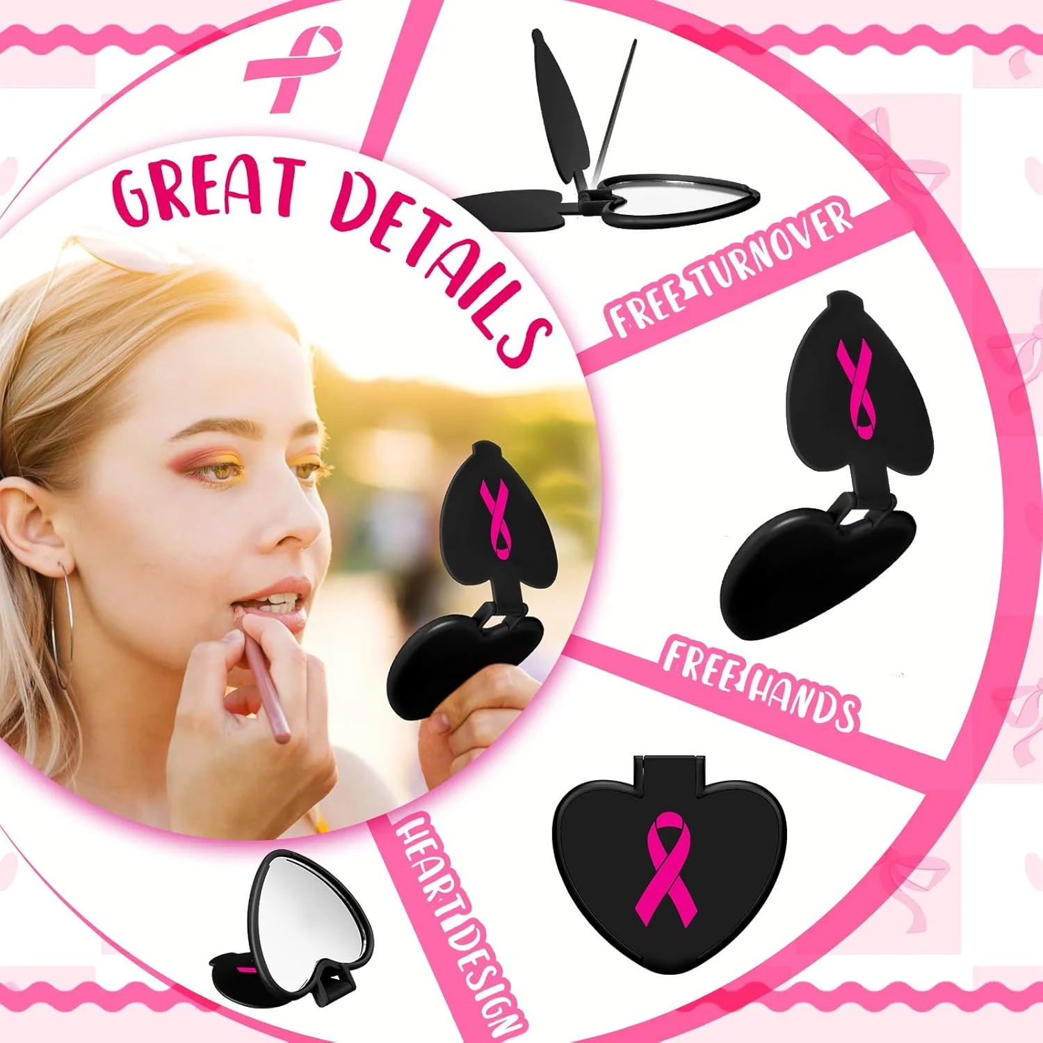 آینه آرایشی تاشو کوچک کولینگ میل، بسته 48 عددی، هدیه ای برای آگاهی از سرطان سینه، آینه جیبی کوچک قلبی شکل قابل حمل، لوازم جانبی آگاهی از سرطان سینه برای زنان (مشکی)