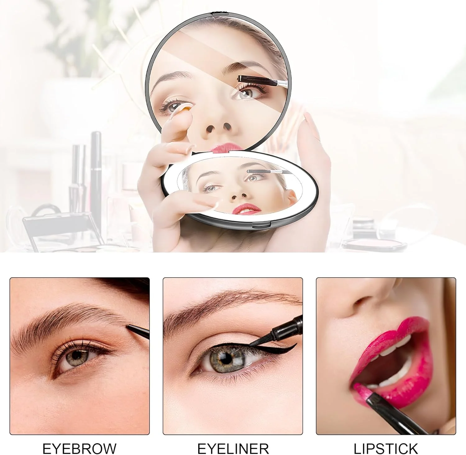 آینه جیبی قابل حمل Colexy، آینه آرایشی دو طرفه با نور LED، آینه جیبی قابل حمل، آینه کوچک آرایشی با بزرگنمایی 1X/2X مناسب کیف دستی (مشکی)