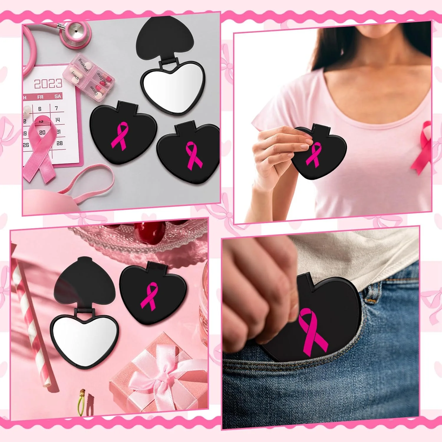 آینه آرایشی تاشو کوچک کولینگ میل، بسته 48 عددی، هدیه ای برای آگاهی از سرطان سینه، آینه جیبی کوچک قلبی شکل قابل حمل، لوازم جانبی آگاهی از سرطان سینه برای زنان (مشکی)