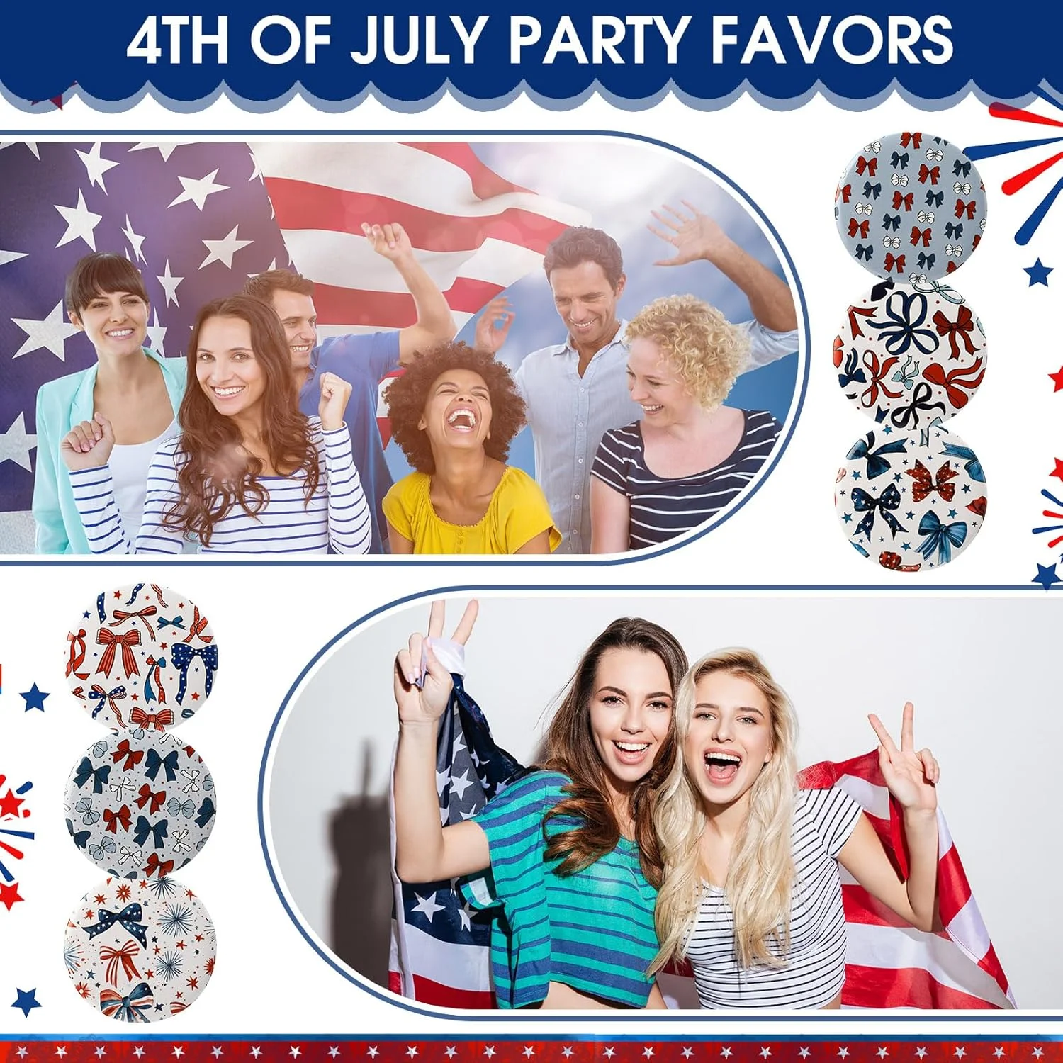 آینه جیبی سین وُیس طرح پاپیون قرمز، سفید و آبی، بسته 48 عددی، مناسب مهمانی های چهارم جولای آمریکا، آینه آرایشی مسافرتی قابل حمل