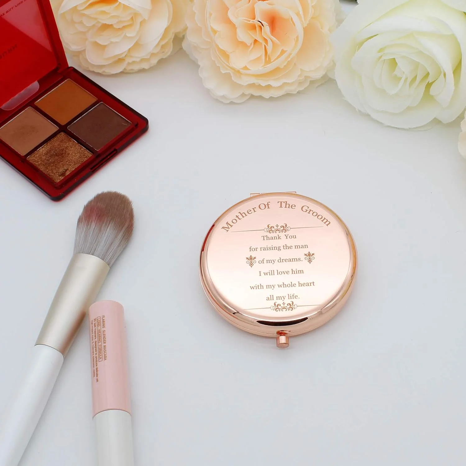 ست هدیه مادر داماد COFOZA، آینه آرایشی جیبی استیل ضد زنگ رزگلد به همراه دستبند گره رزگلد و جعبه هدیه برای مادر داماد، هدیه پیشنهاد عروسی