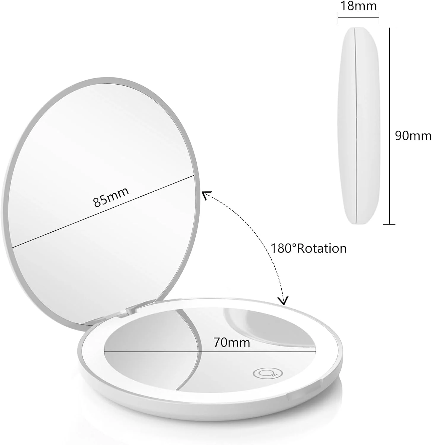 آینه آرایشی مسافرتی قابل شارژ جمع و جور 3.5 اینچی، بزرگنمایی 10 برابر، طراحی تاشو دایره ای دو طرفه، آینه جیبی LED دار، آینه قابل حمل مناسب برای زنان، دختران، دانشجویان، هدیه ایده آل (سفید)