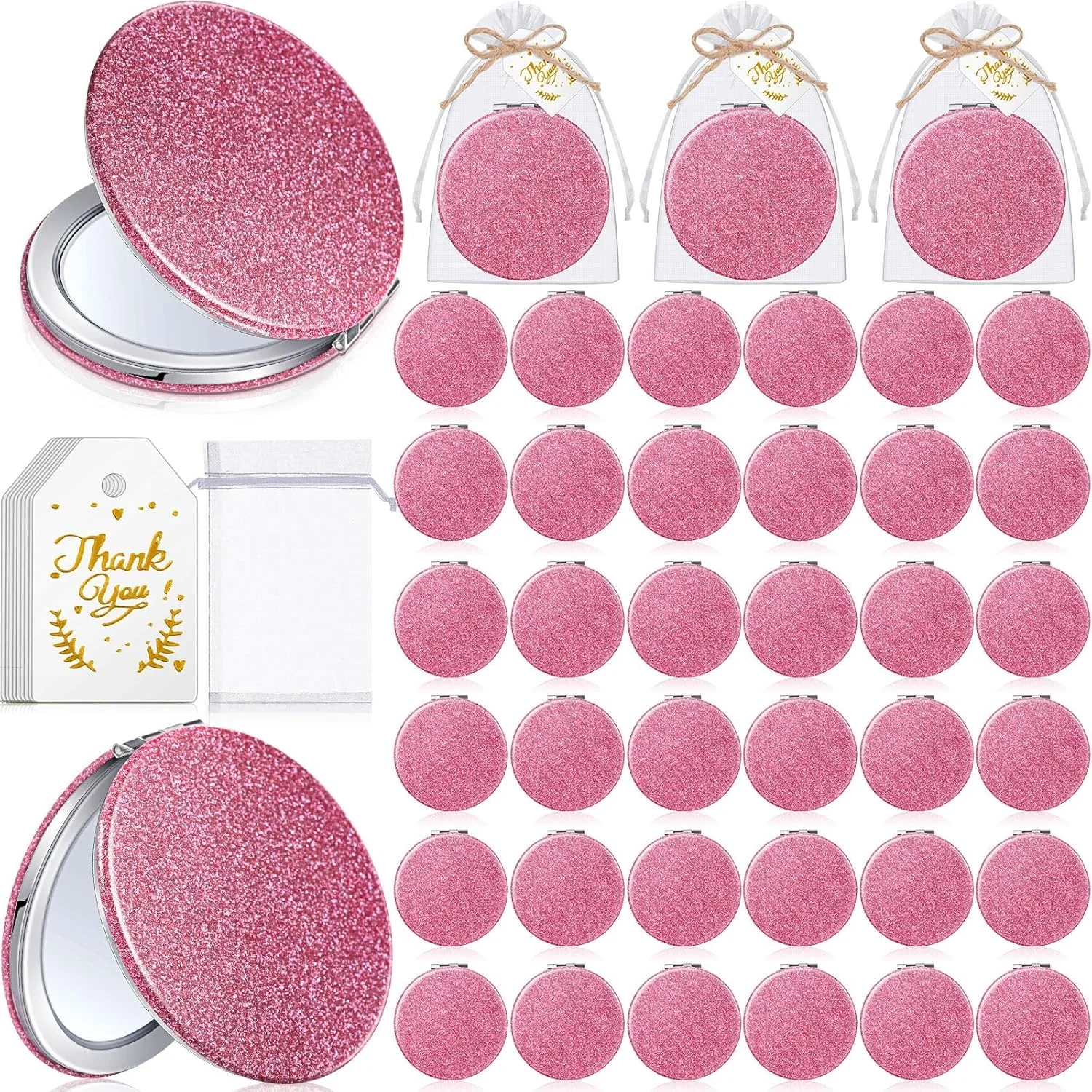 چونفول 30 عدد آینه های ذره بینی فشرده صورتی هدیه با کارت تشکر و طناب، گیفت مهمانی پانزده سالگی برای مهمانان، یادبود عروسی جشن عروس، ساقدوش عروس، روز مادر