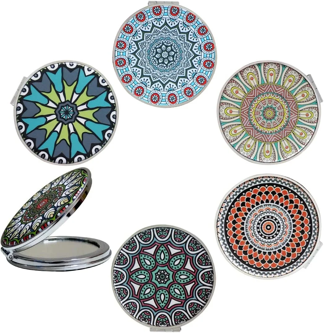 آینه جیبی فشرده CigyYogy با طرح های ماندالای برجسته ترکیبی، آینه آرایشی دستی بزرگنمایی شده مسافرتی کوچک تاشو قابل حمل - هدیه برای زنان دختران خانم ها آقایان بسته 6 عددی