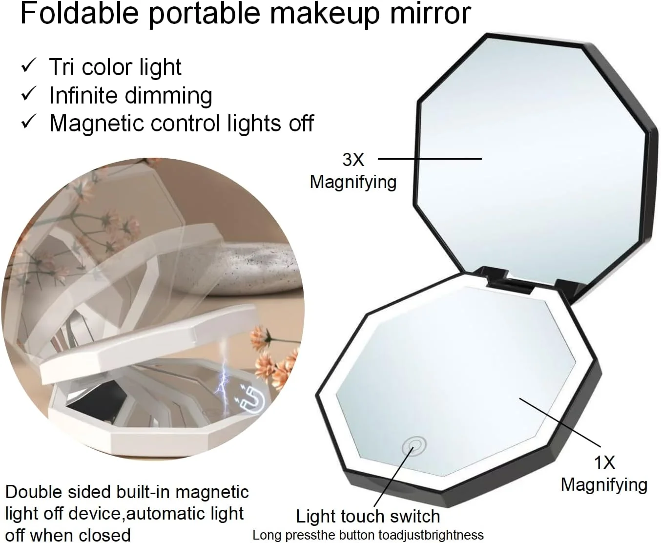 آینه مسافرتی CICIWI با نور، آینه بزرگنمایی فشرده 1x/3x قابل شارژ، آینه آرایشی LED دستی، 3 تنظیمات نور، آینه جیبی کم نور، قابل حمل برای کیف دستی، جیب، کیف پول (مشکی)