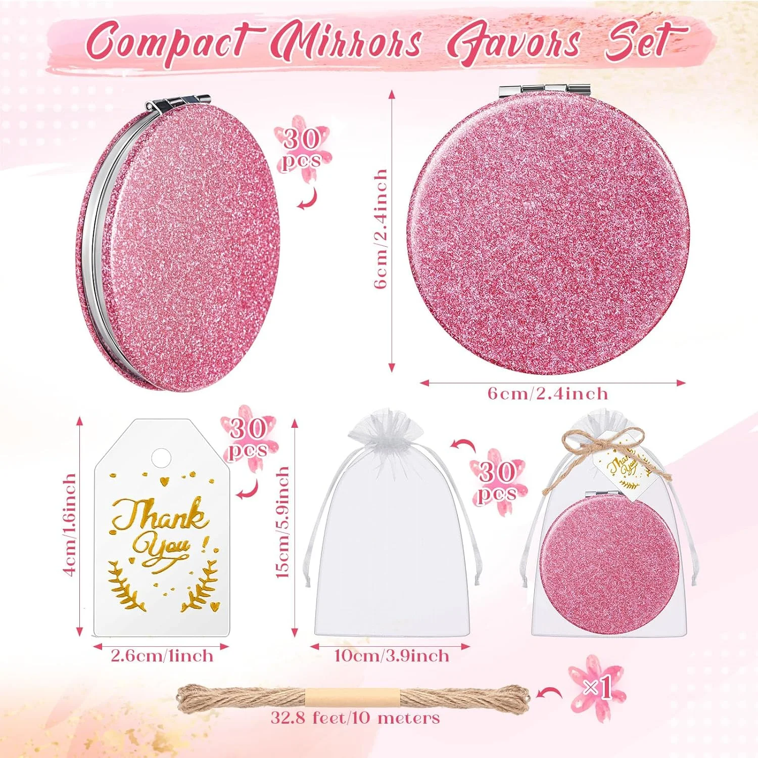 چونفول 30 عدد آینه های ذره بینی فشرده صورتی هدیه با کارت تشکر و طناب، گیفت مهمانی پانزده سالگی برای مهمانان، یادبود عروسی جشن عروس، ساقدوش عروس، روز مادر