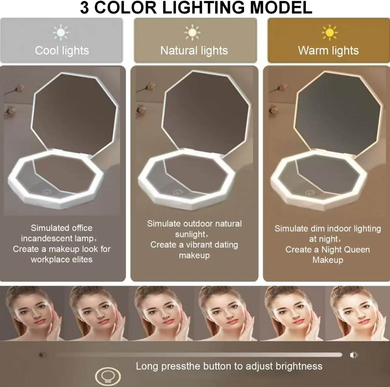 آینه مسافرتی CICIWI با نور، آینه بزرگنمایی فشرده 1x/3x قابل شارژ، آینه آرایشی LED دستی، 3 تنظیمات نور، آینه جیبی کم نور، قابل حمل برای کیف دستی، جیب، کیف پول (مشکی)