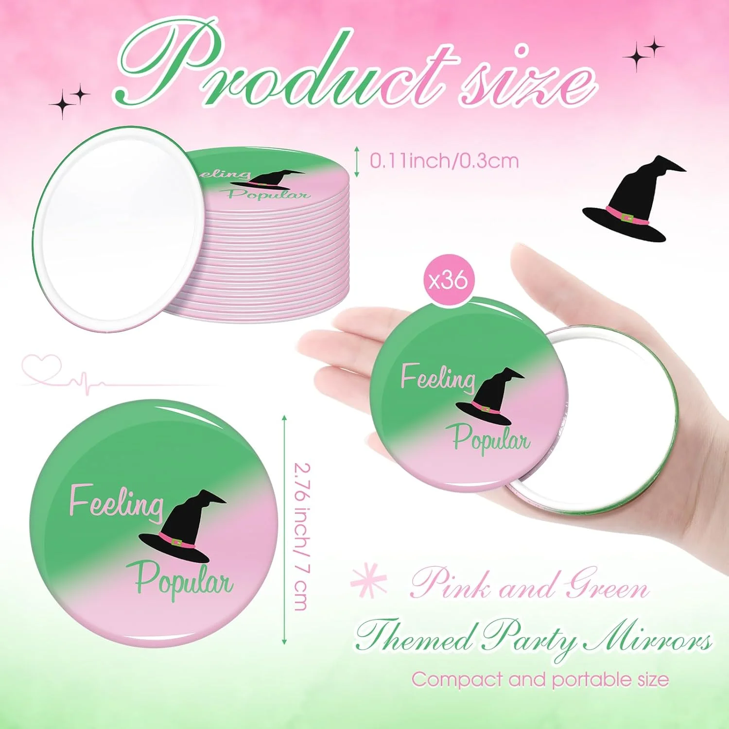 چونفول 36 عدد آینه آرایشی کوچک فشرده طرح جادوگر، هدیه مهمانی به رنگ سبز و صورتی، مناسب برای خانم ها، آینه جیبی مسافرتی فله ای، هدیه برای مهمانان طرفدار فیلم و مهمانی جادوگری