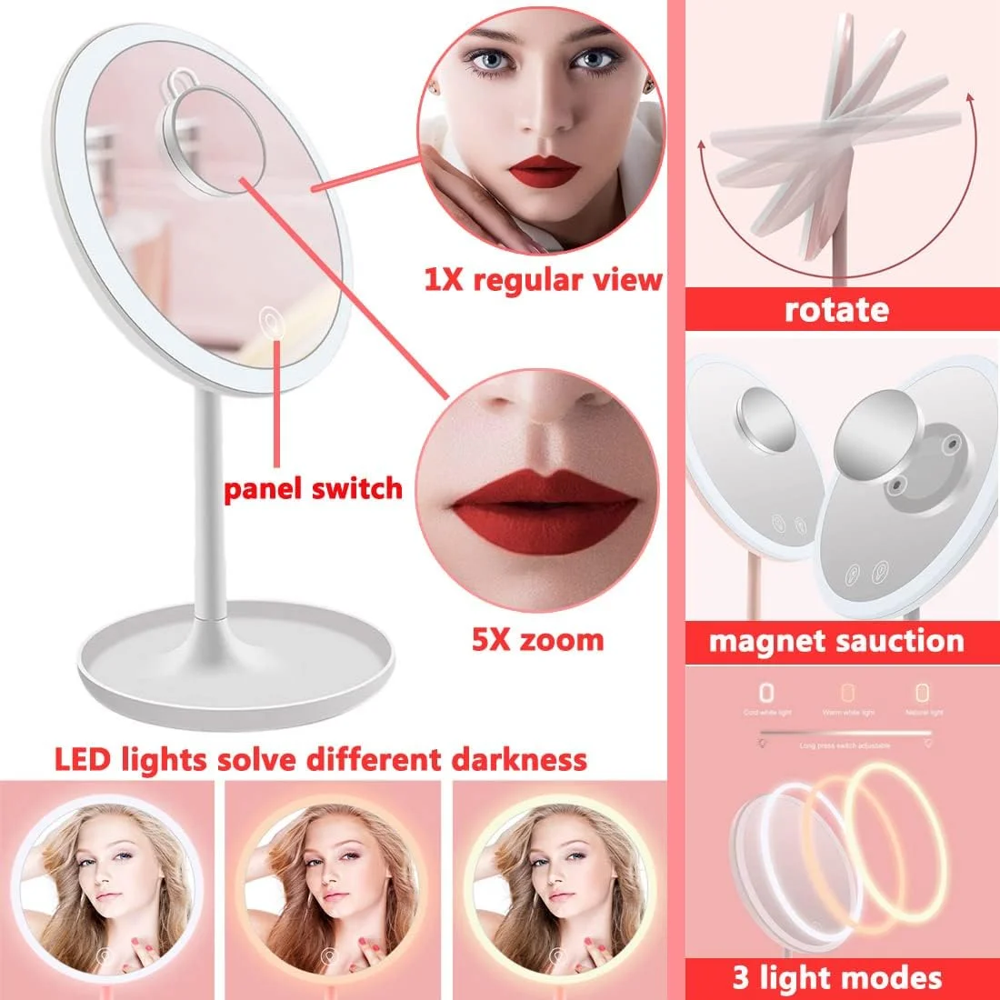 آینه آرایشی رومیزی CigyYogy با یک آینه کوچک فشرده دستی گرد مغناطیسی، اندازه کیف جیبی با چراغ - بزرگنمایی 1x/5x - هدیه ای عالی برای دختران و زنان، بسته 2 عددی