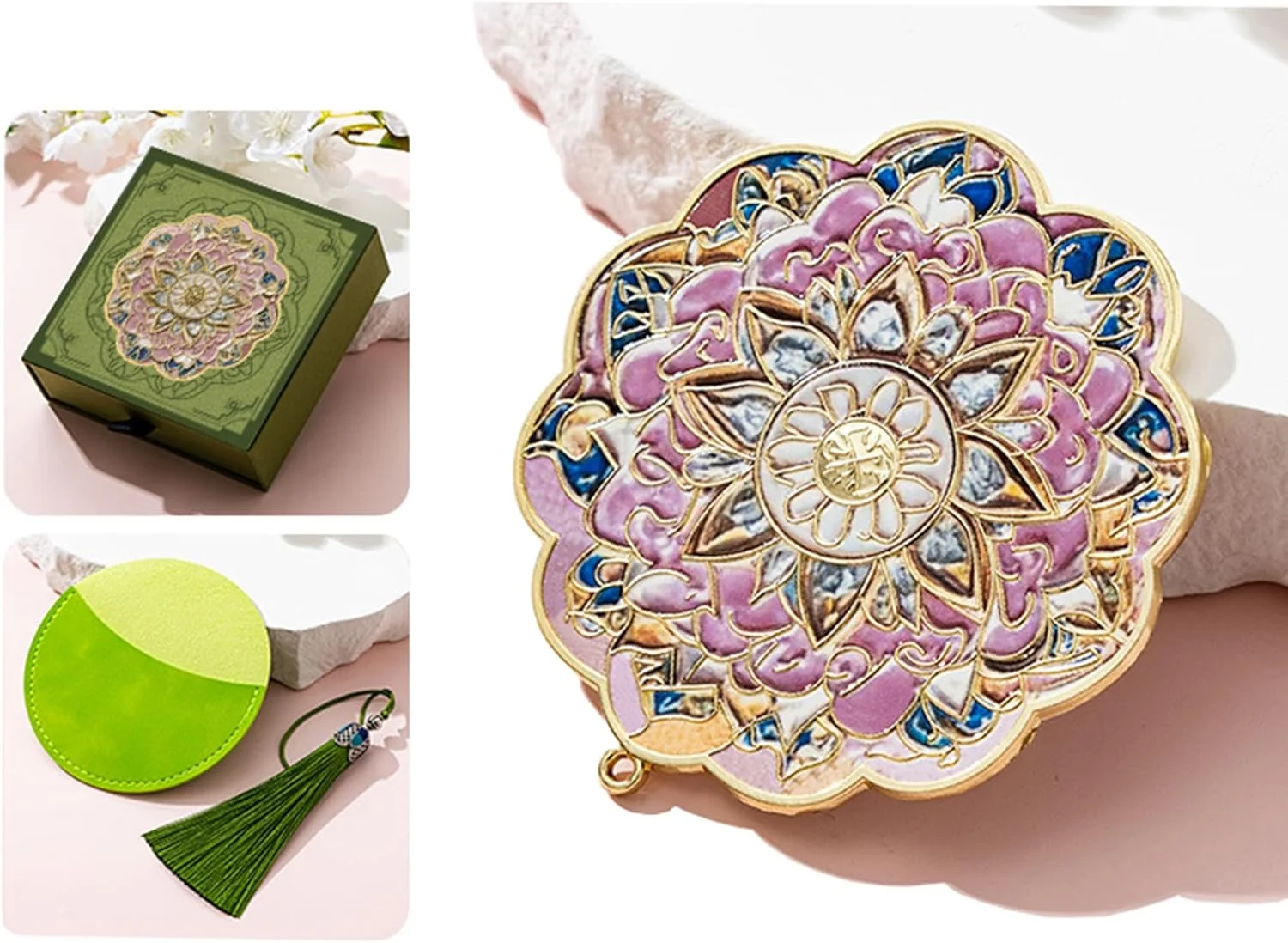 آینه جیبی تاشو طرح ماندالا گل بوهمی، دستی، مناسب کیف پول، مسافرت، میز کار، فانتزی، هدیه دخترانه، کوچک (سبز)