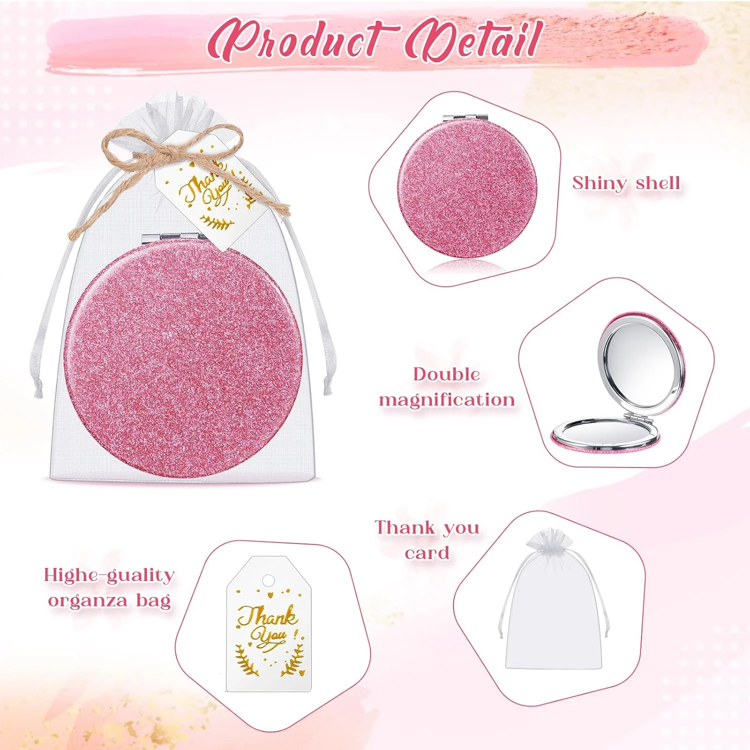 چونفول 30 عدد آینه های ذره بینی فشرده صورتی هدیه با کارت تشکر و طناب، گیفت مهمانی پانزده سالگی برای مهمانان، یادبود عروسی جشن عروس، ساقدوش عروس، روز مادر