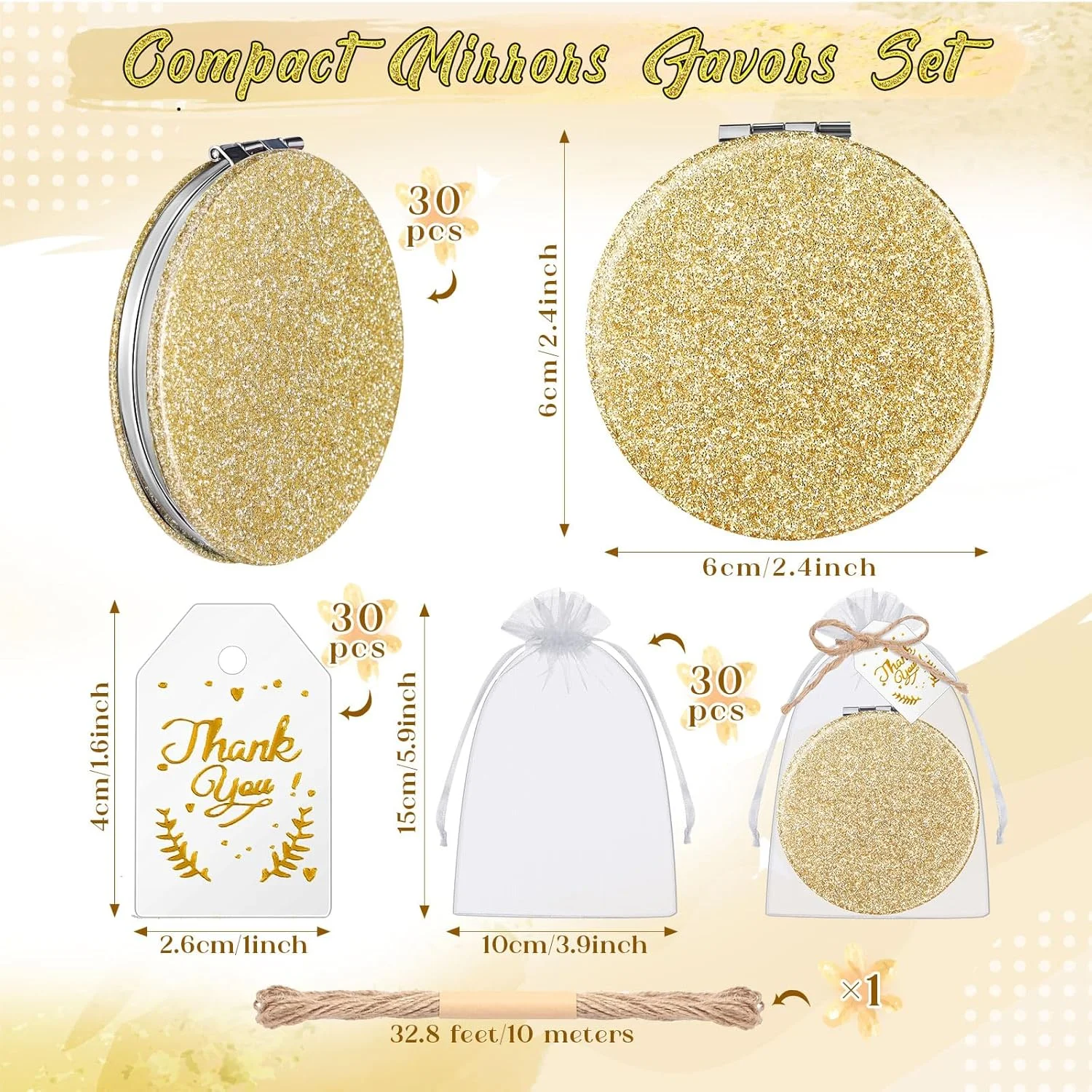 چونفول 30 عدد آینه آرایشی تاشو هدیه با کارت تشکر و طناب، گیفت مهمانی کیانسیرا، یادبود عروسی، هدیه ساقدوش عروس، روز مادر (شامپاین)