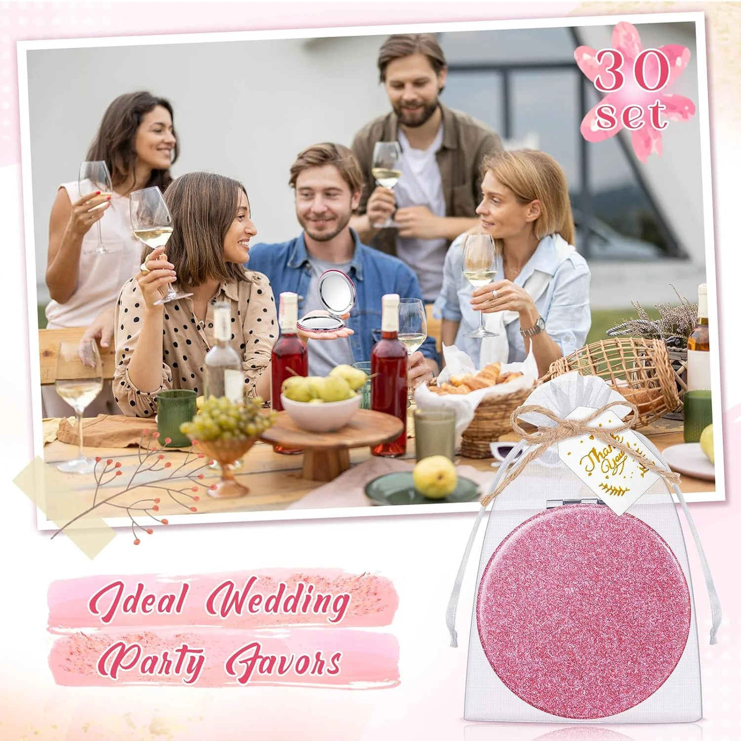 چونفول 30 عدد آینه های ذره بینی فشرده صورتی هدیه با کارت تشکر و طناب، گیفت مهمانی پانزده سالگی برای مهمانان، یادبود عروسی جشن عروس، ساقدوش عروس، روز مادر