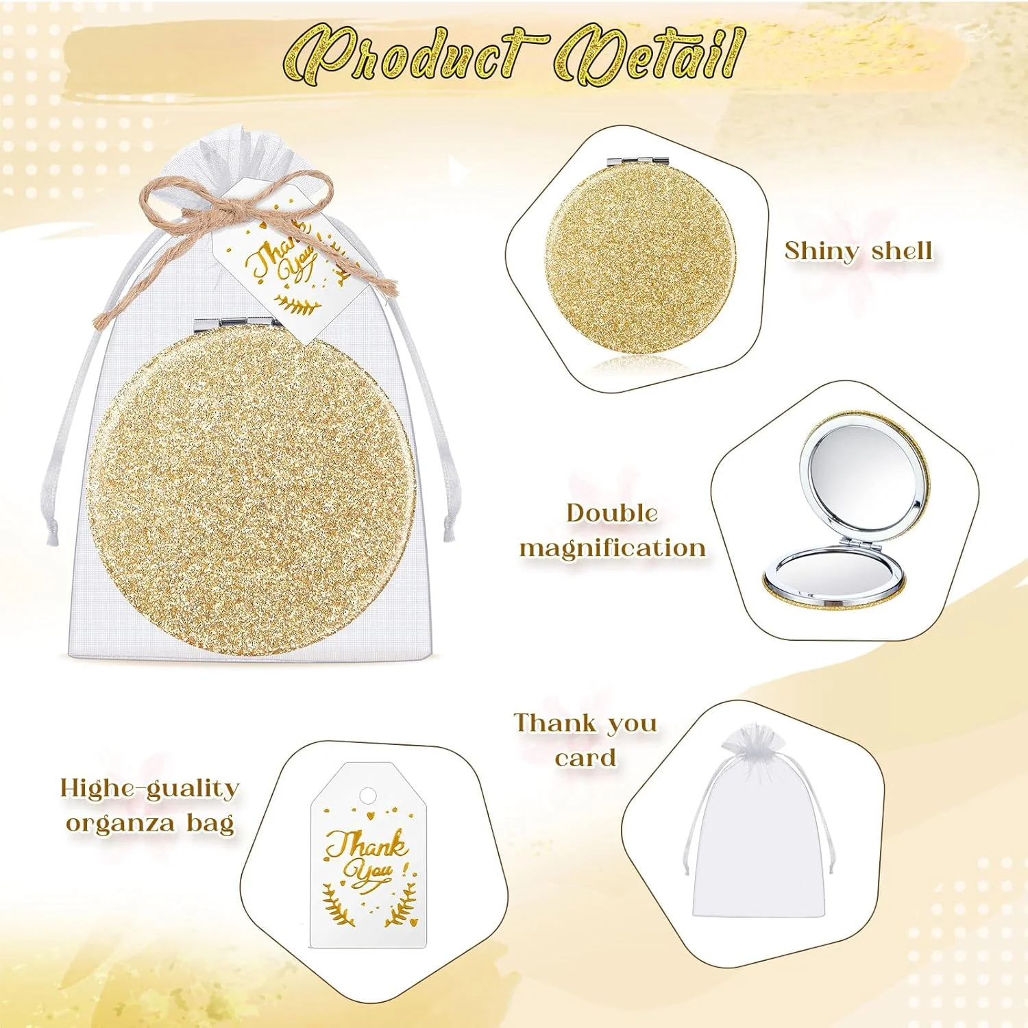 چونفول 30 عدد آینه آرایشی تاشو هدیه با کارت تشکر و طناب، گیفت مهمانی کیانسیرا، یادبود عروسی، هدیه ساقدوش عروس، روز مادر (شامپاین)