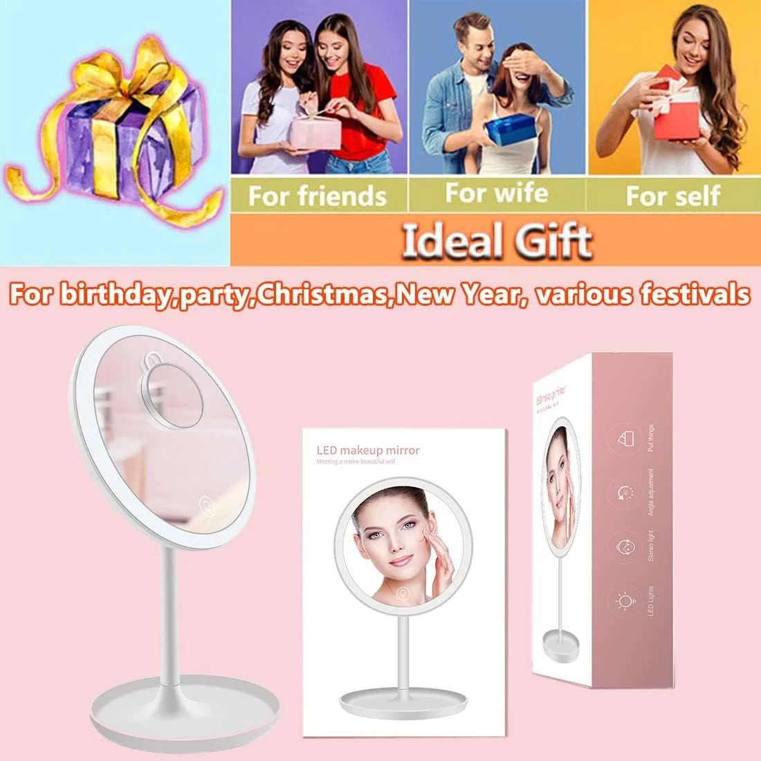 آینه آرایشی رومیزی CigyYogy با یک آینه کوچک فشرده دستی گرد مغناطیسی، اندازه کیف جیبی با چراغ - بزرگنمایی 1x/5x - هدیه ای عالی برای دختران و زنان، بسته 2 عددی