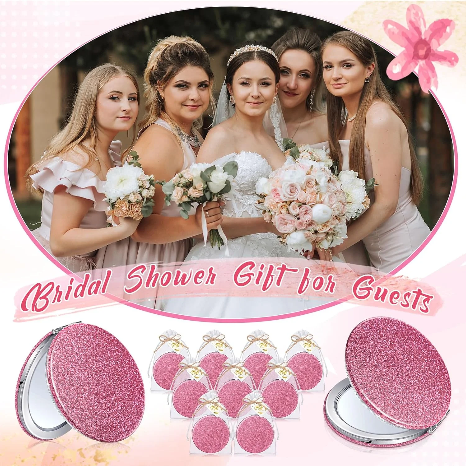 چونفول 30 عدد آینه های ذره بینی فشرده صورتی هدیه با کارت تشکر و طناب، گیفت مهمانی پانزده سالگی برای مهمانان، یادبود عروسی جشن عروس، ساقدوش عروس، روز مادر