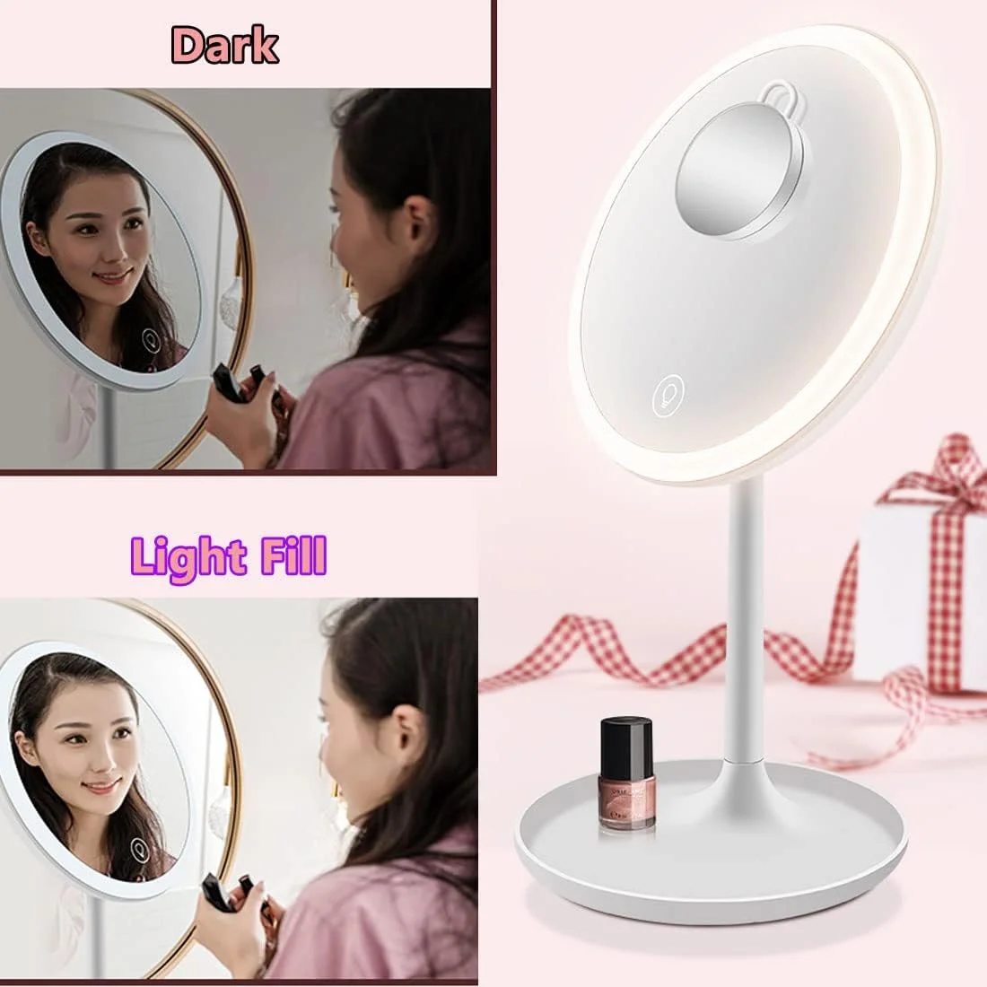 آینه آرایشی رومیزی CigyYogy با یک آینه کوچک فشرده دستی گرد مغناطیسی، اندازه کیف جیبی با چراغ - بزرگنمایی 1x/5x - هدیه ای عالی برای دختران و زنان، بسته 2 عددی