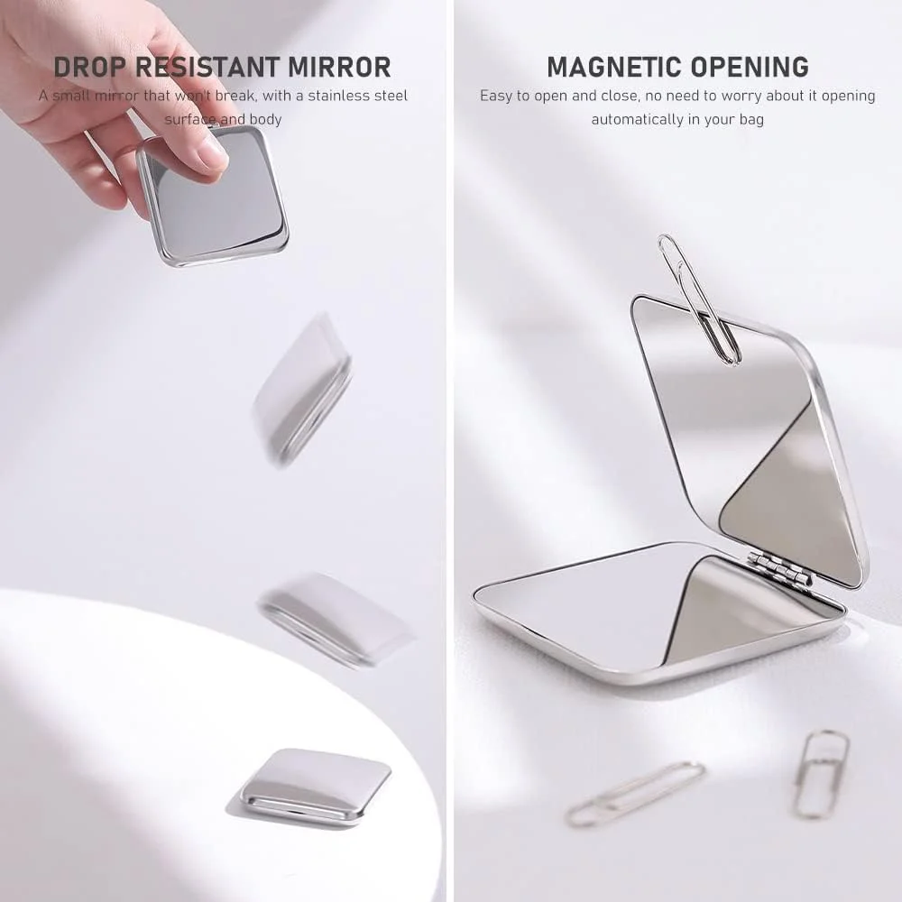 آینه جیبی Cdemiy، آینه آرایشی استیل ضد زنگ، آینه جمع و جور قابل حمل، آینه مسافرتی تاشو، آینه دستی برای استفاده از آرایش، مناسب سفر و کار (مربع)