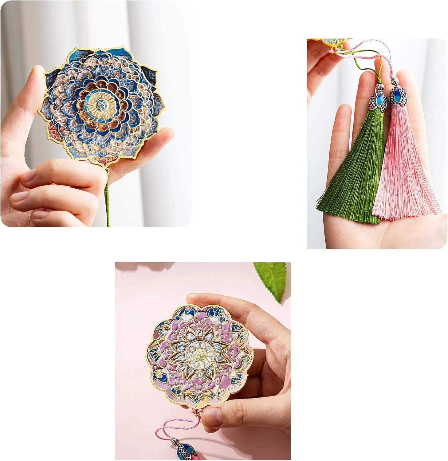 آینه جیبی تاشو طرح ماندالا گل بوهمی، دستی، مناسب کیف پول، مسافرت، میز کار، فانتزی، هدیه دخترانه، کوچک (سبز)