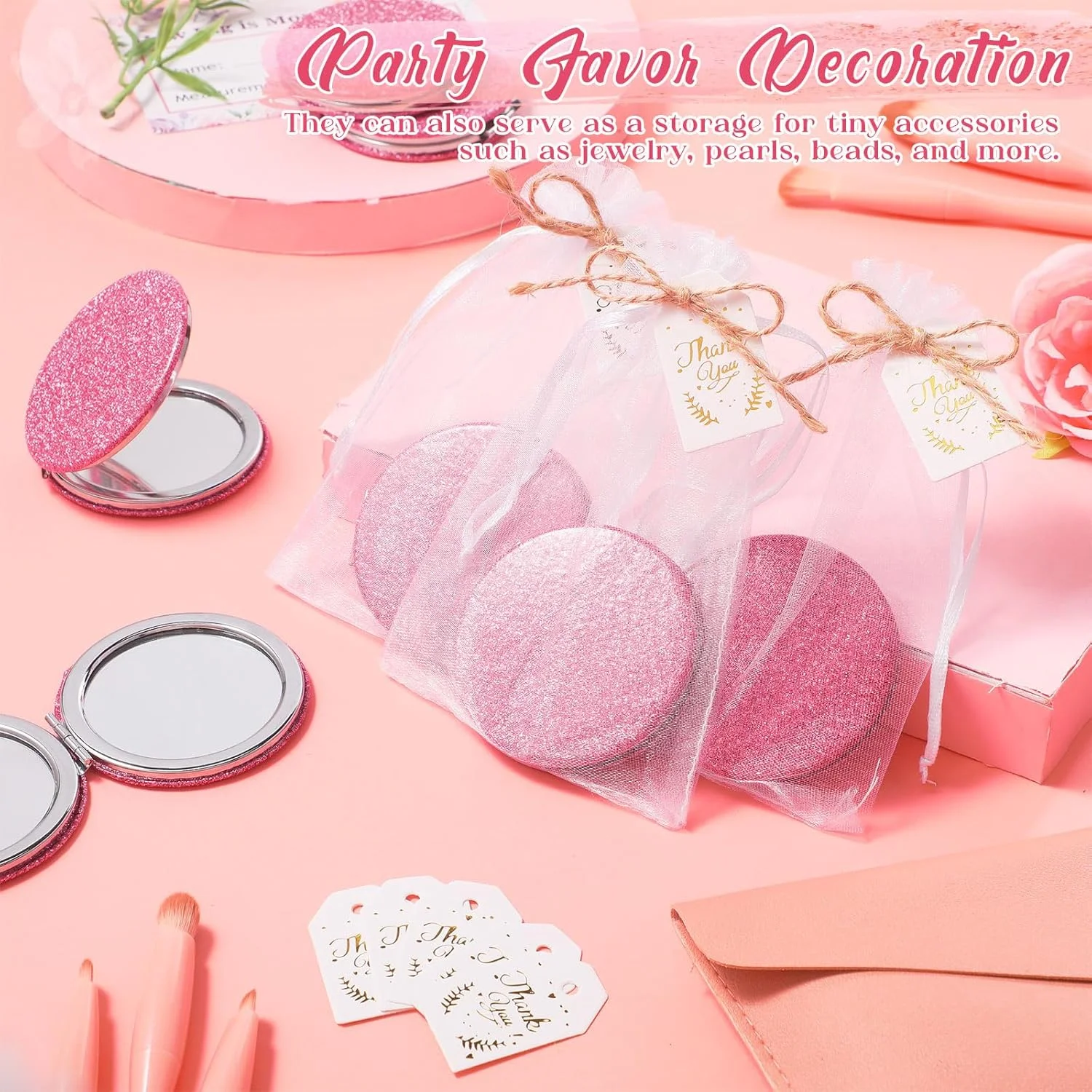 چونفول 30 عدد آینه های ذره بینی فشرده صورتی هدیه با کارت تشکر و طناب، گیفت مهمانی پانزده سالگی برای مهمانان، یادبود عروسی جشن عروس، ساقدوش عروس، روز مادر