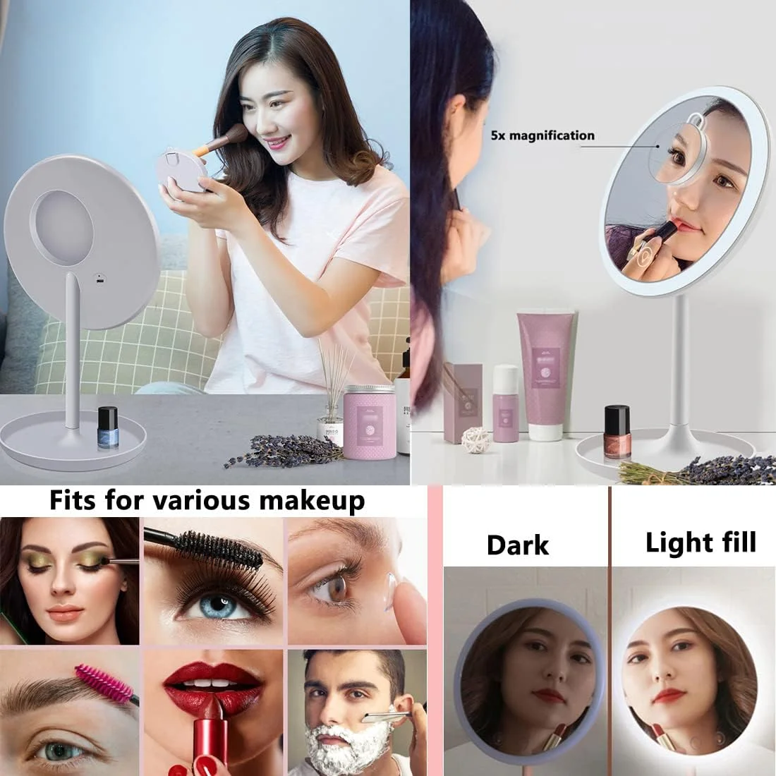 آینه آرایشی رومیزی CigyYogy با یک آینه کوچک فشرده دستی گرد مغناطیسی، اندازه کیف جیبی با چراغ - بزرگنمایی 1x/5x - هدیه ای عالی برای دختران و زنان، بسته 2 عددی