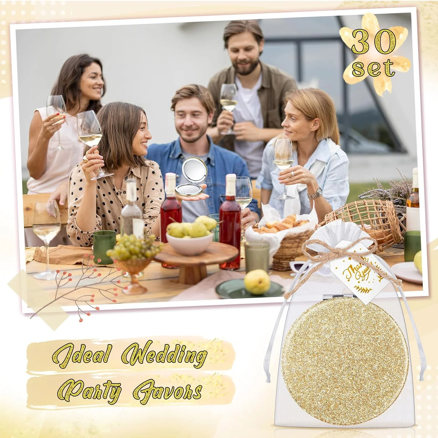 چونفول 30 عدد آینه آرایشی تاشو هدیه با کارت تشکر و طناب، گیفت مهمانی کیانسیرا، یادبود عروسی، هدیه ساقدوش عروس، روز مادر (شامپاین)