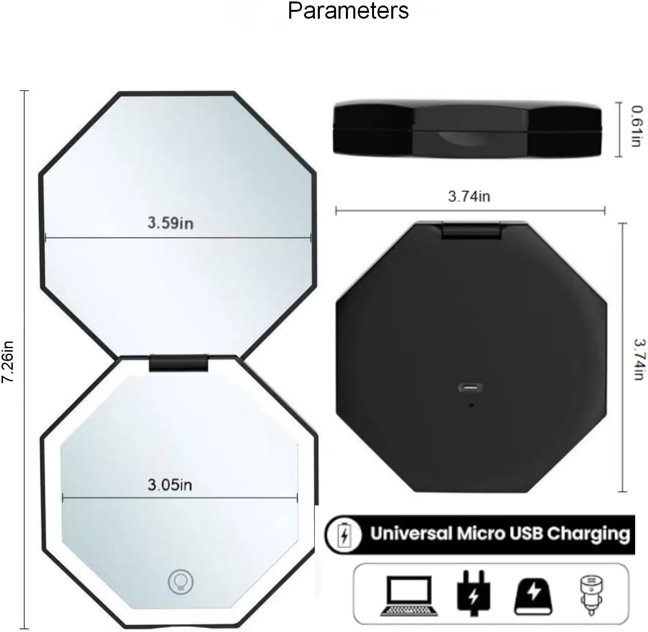 آینه مسافرتی CICIWI با نور، آینه بزرگنمایی فشرده 1x/3x قابل شارژ، آینه آرایشی LED دستی، 3 تنظیمات نور، آینه جیبی کم نور، قابل حمل برای کیف دستی، جیب، کیف پول (مشکی)