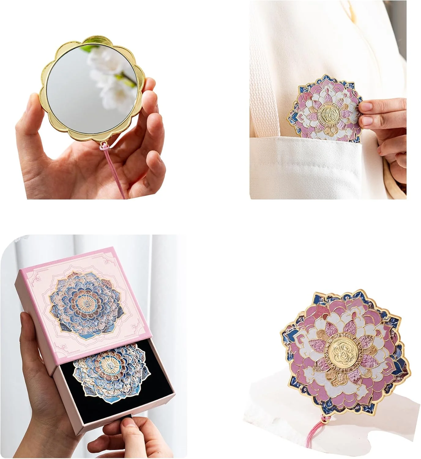 آینه جیبی تاشو طرح ماندالا گل بوهمی، دستی، مناسب کیف پول، مسافرت، میز کار، فانتزی، هدیه دخترانه، کوچک (سبز)