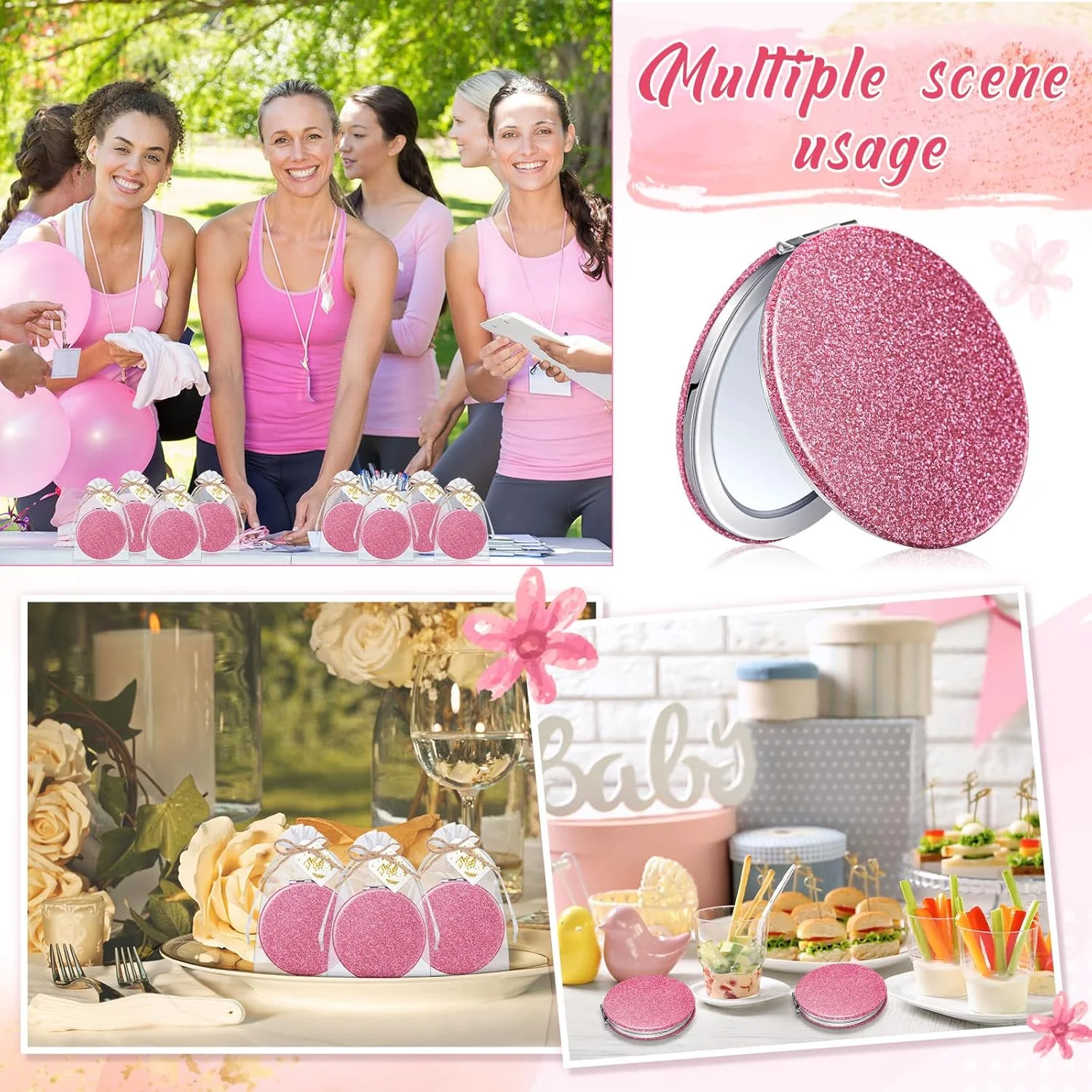 چونفول 30 عدد آینه های ذره بینی فشرده صورتی هدیه با کارت تشکر و طناب، گیفت مهمانی پانزده سالگی برای مهمانان، یادبود عروسی جشن عروس، ساقدوش عروس، روز مادر