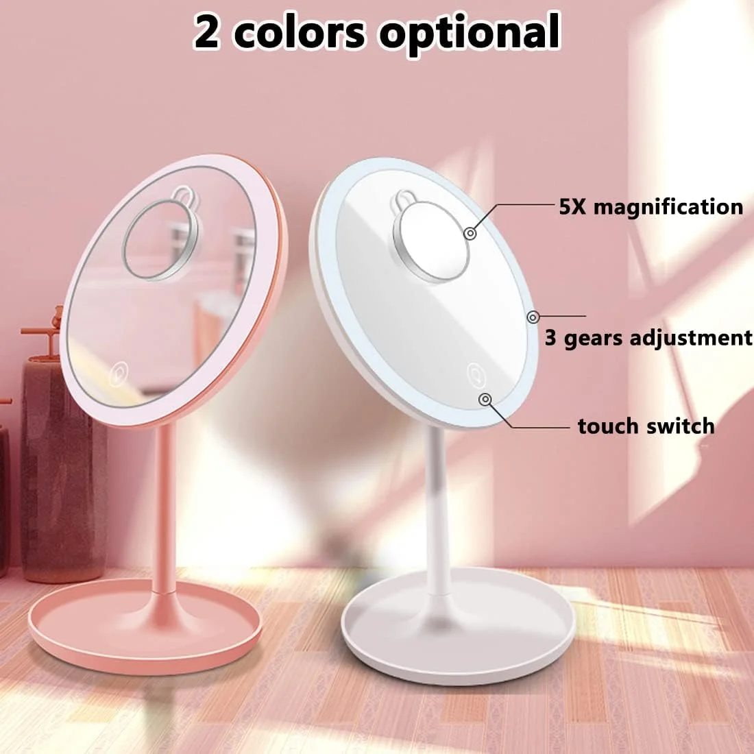 آینه آرایشی رومیزی CigyYogy با یک آینه کوچک فشرده دستی گرد مغناطیسی، اندازه کیف جیبی با چراغ - بزرگنمایی 1x/5x - هدیه ای عالی برای دختران و زنان، بسته 2 عددی