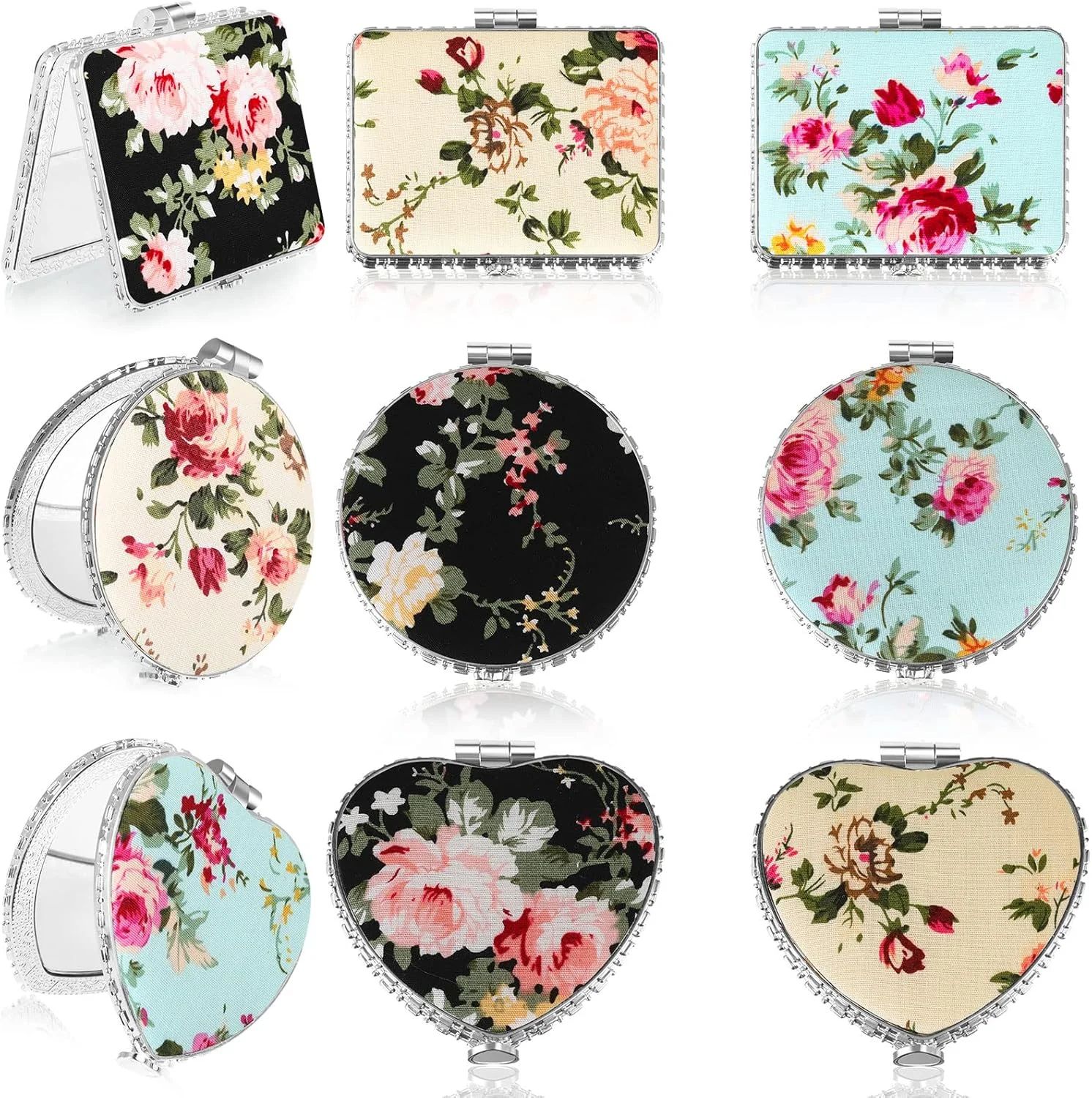 آینه جیبی قدیمی Blulu، بسته 9 عددی، مناسب کیف دستی، آینه مسافرتی کوچک تاشو قابل حمل، آینه جیبی گلدار برای زیبایی بانوان، گرد، مربع، قلبی (نقره ای، طرح گل صد تومانی)