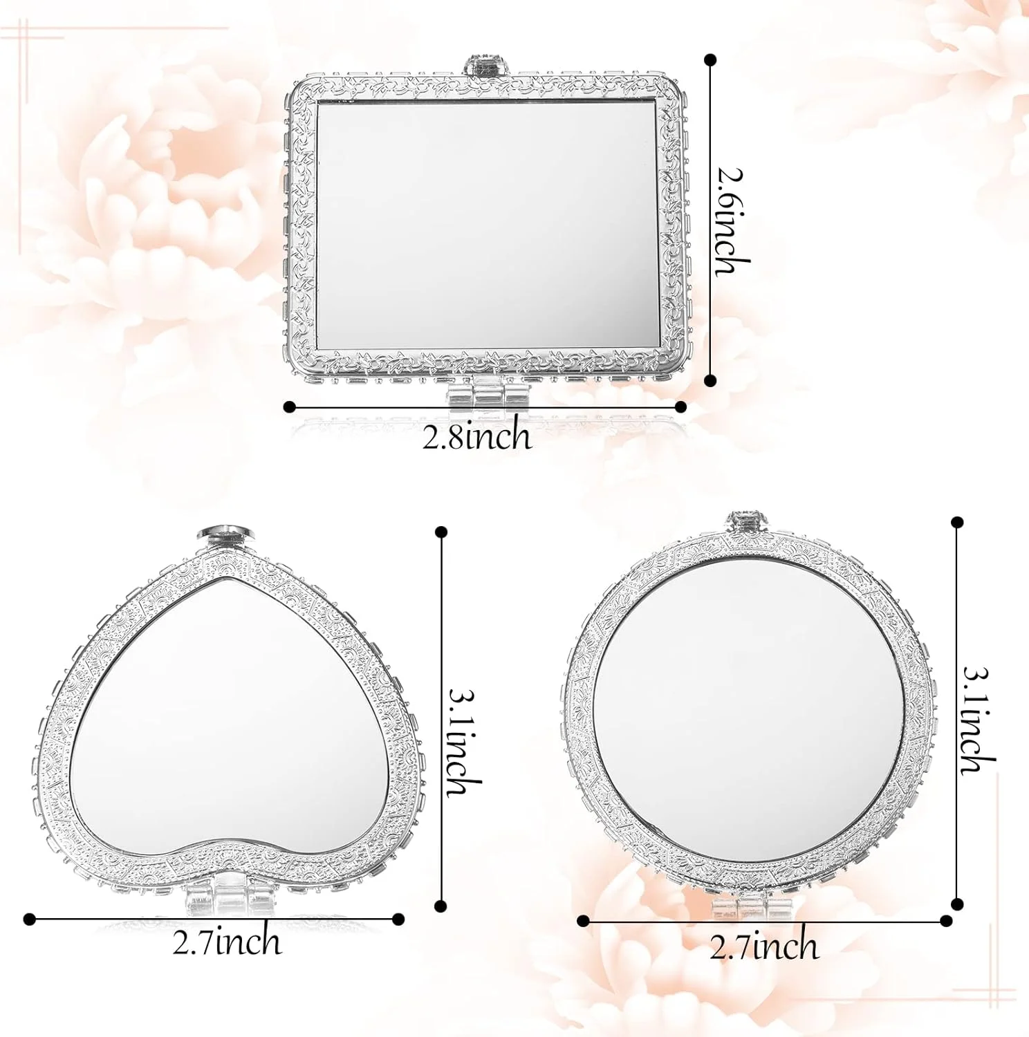 آینه جیبی قدیمی Blulu، بسته 9 عددی، مناسب کیف دستی، آینه مسافرتی کوچک تاشو قابل حمل، آینه جیبی گلدار برای زیبایی بانوان، گرد، مربع، قلبی (نقره ای، طرح گل صد تومانی)