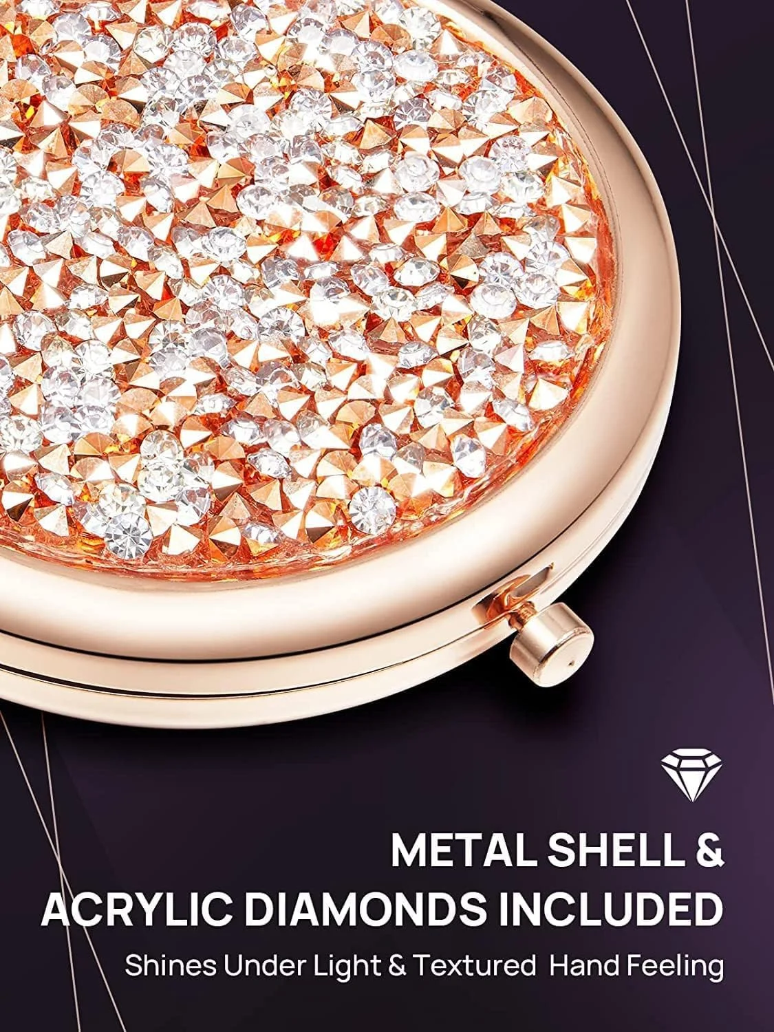 آینه جیبی شیک ابود با بزرگنمایی 1X/2X، آینه آرایشی تاشو مسافرتی رزگلد، آینه فلزی گرد کوچک با روکش الماس براق، آینه هدیه قابل حمل برای کیف، دفتر، خانه