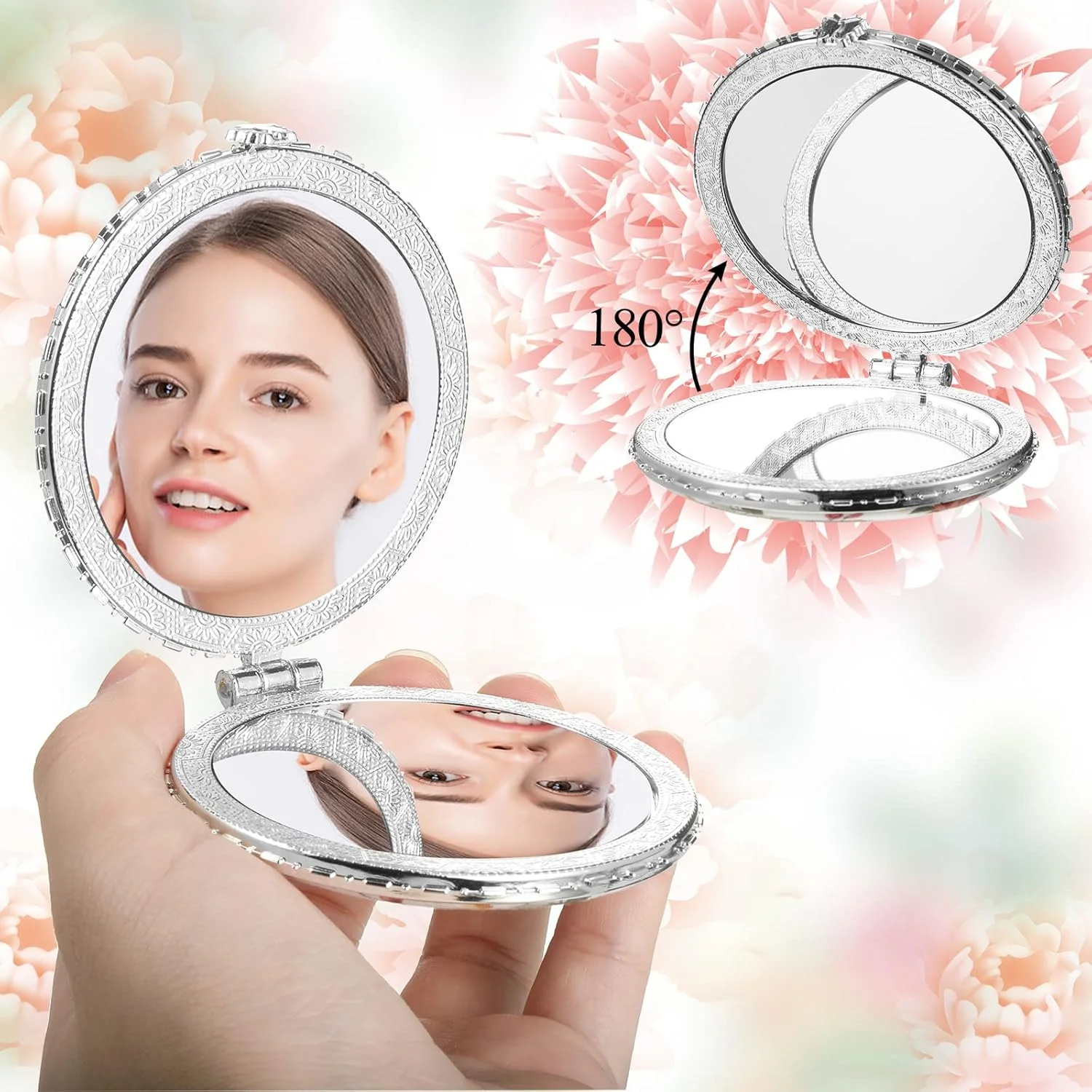 آینه جیبی قدیمی Blulu، بسته 9 عددی، مناسب کیف دستی، آینه مسافرتی کوچک تاشو قابل حمل، آینه جیبی گلدار برای زیبایی بانوان، گرد، مربع، قلبی (نقره ای، طرح گل صد تومانی)