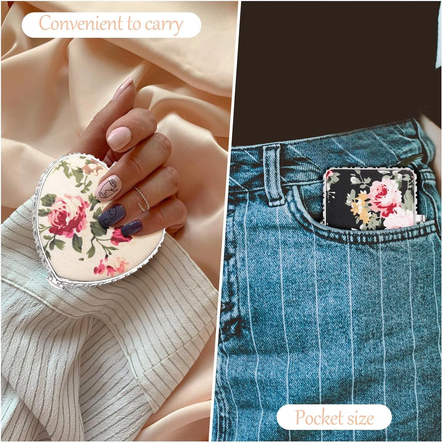 Blulu 16 Pcs Compact Mirror for Purse Small Flower Pocket Mirror Vintage Portable Floral Folding Tea Party Favors Birthday Gifts for Women Wedding Makeup Travel(Silver Edge)