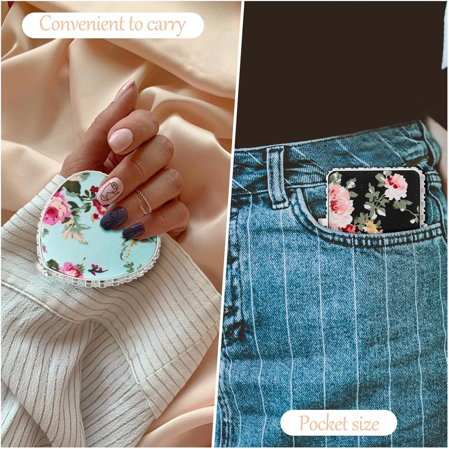 آینه جیبی قدیمی Blulu، بسته 9 عددی، مناسب کیف دستی، آینه مسافرتی کوچک تاشو قابل حمل، آینه جیبی گلدار برای زیبایی بانوان، گرد، مربع، قلبی (نقره ای، طرح گل صد تومانی)