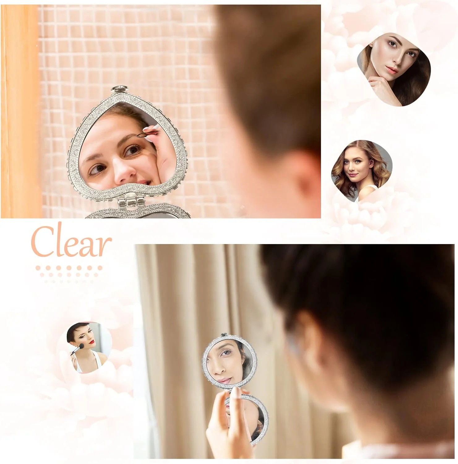 آینه جیبی قدیمی Blulu، بسته 9 عددی، مناسب کیف دستی، آینه مسافرتی کوچک تاشو قابل حمل، آینه جیبی گلدار برای زیبایی بانوان، گرد، مربع، قلبی (نقره ای، طرح گل صد تومانی)