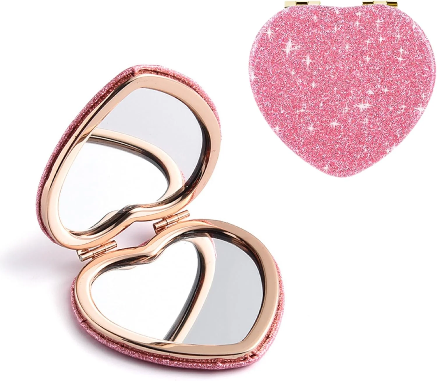 آینه جیبی جمع و جور قلبی شکل BinPhorm، آینه صورتی قابل حمل برای کیف دستی، آینه کوچک آرایشی با بزرگنمایی 1X/2X، آینه آرایشی مسافرتی زیبا برای زنان و دختران