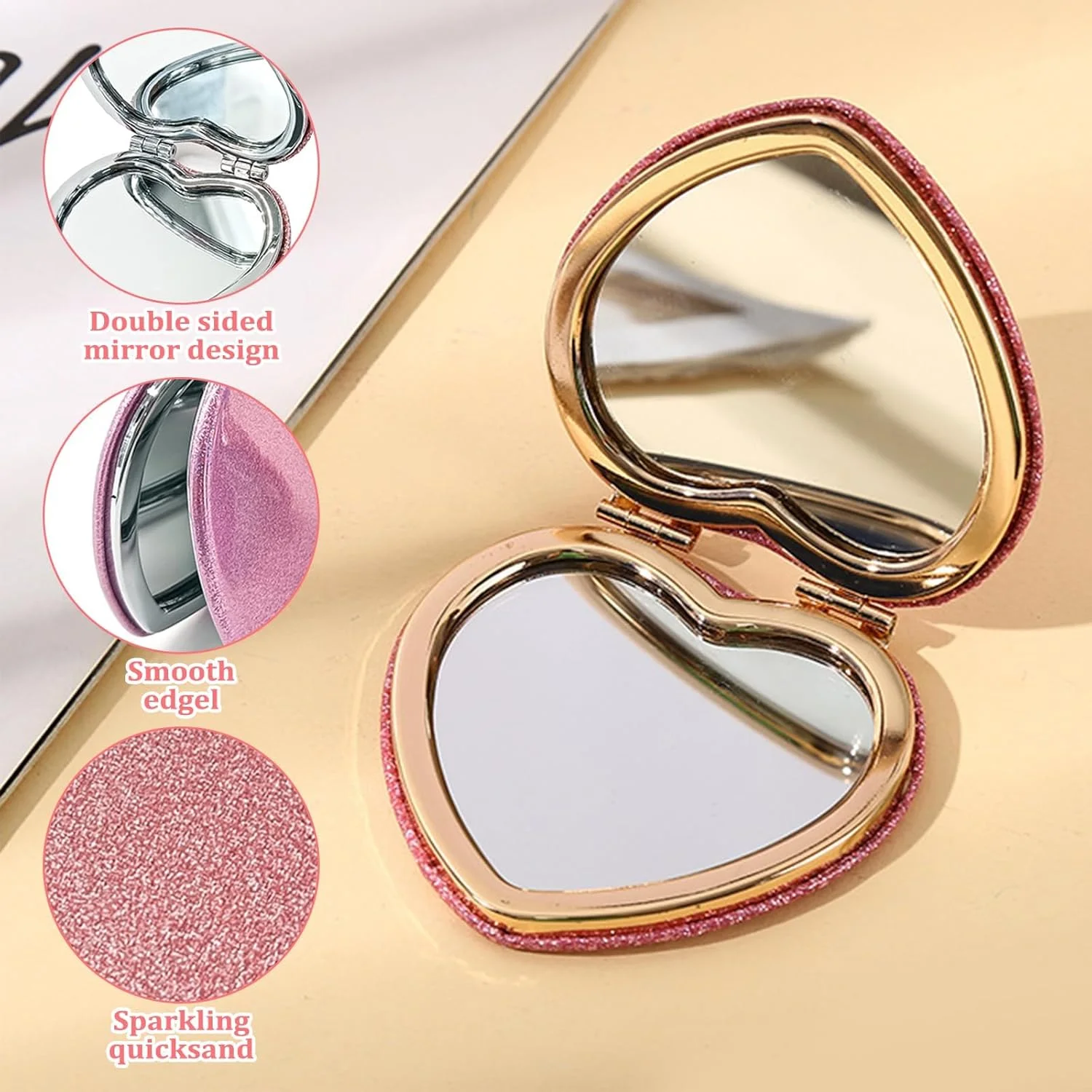 آینه جیبی جمع و جور قلبی شکل BinPhorm، آینه صورتی قابل حمل برای کیف دستی، آینه کوچک آرایشی با بزرگنمایی 1X/2X، آینه آرایشی مسافرتی زیبا برای زنان و دختران