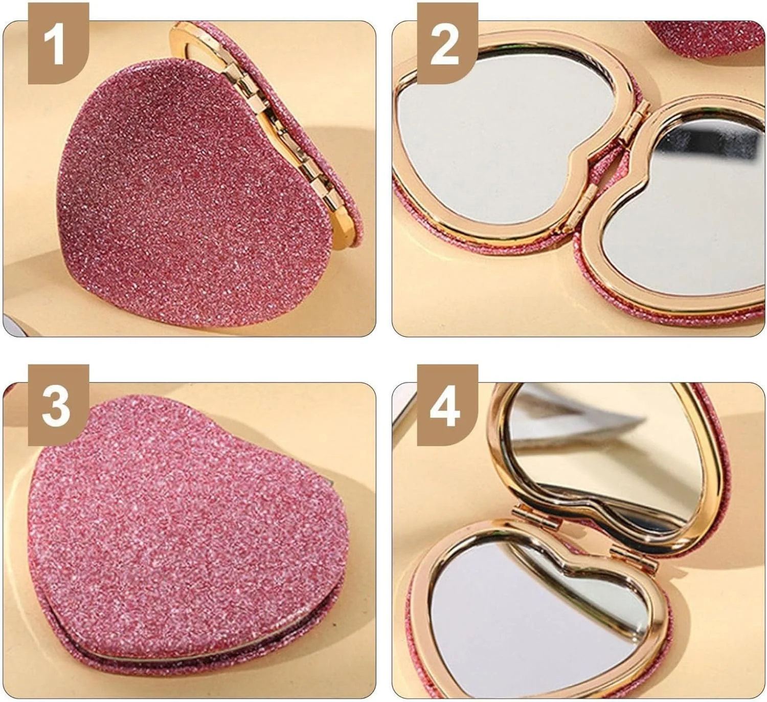 آینه جیبی جمع و جور قلبی شکل BinPhorm، آینه صورتی قابل حمل برای کیف دستی، آینه کوچک آرایشی با بزرگنمایی 1X/2X، آینه آرایشی مسافرتی زیبا برای زنان و دختران