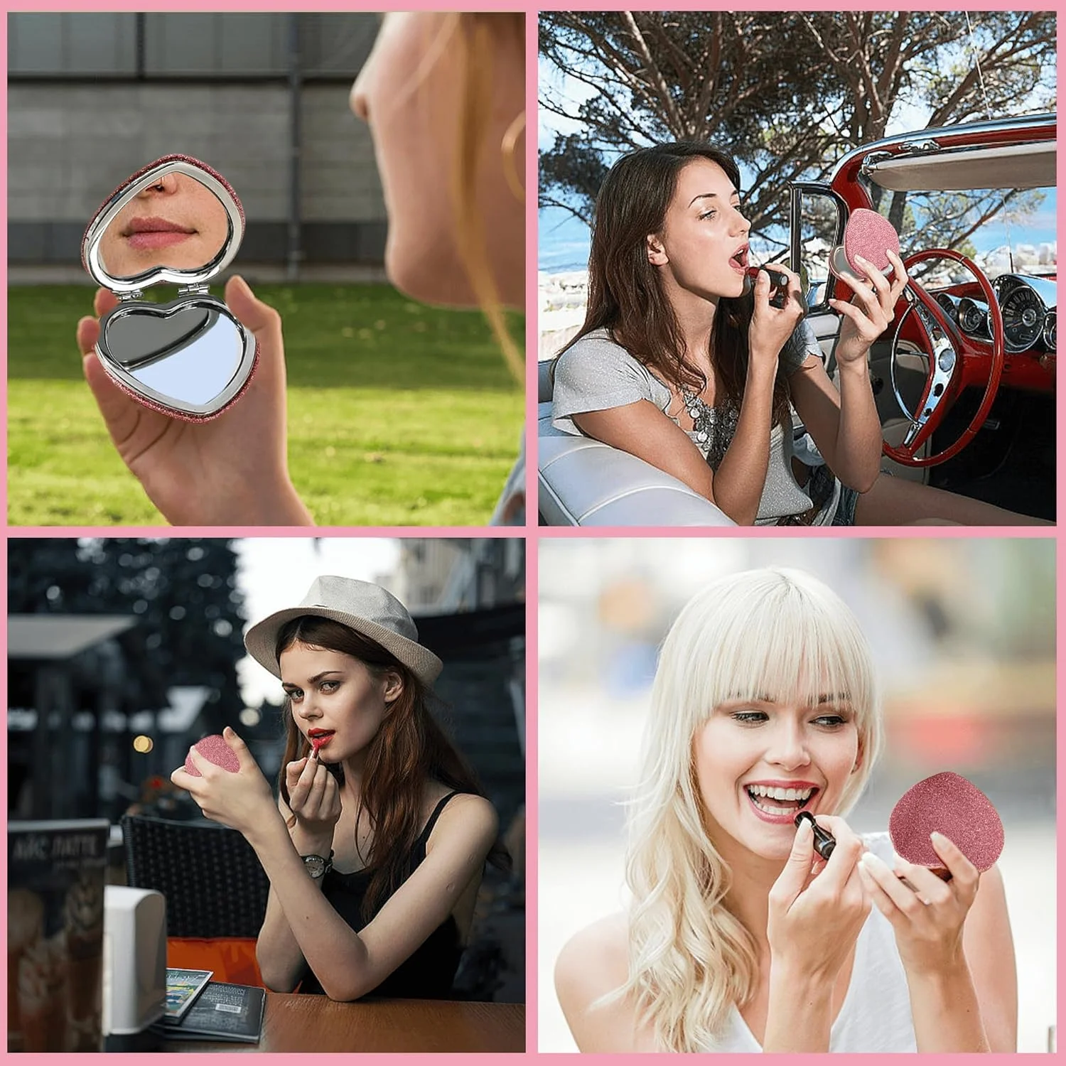 آینه جیبی جمع و جور قلبی شکل BinPhorm، آینه صورتی قابل حمل برای کیف دستی، آینه کوچک آرایشی با بزرگنمایی 1X/2X، آینه آرایشی مسافرتی زیبا برای زنان و دختران