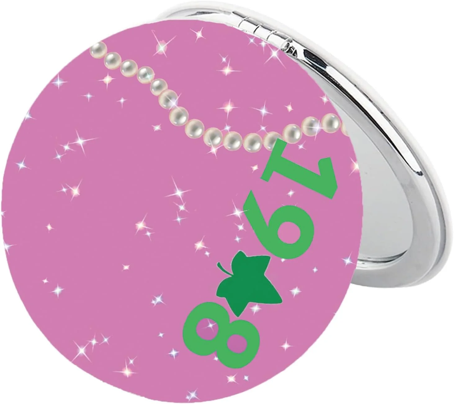 آینه آرایشی تاشو BEKECH 1908 هدیه ای برای انجمن زنان یونانی، صورتی و سبز، هدیه مروارید انجمن خواهری، آینه آرایشی فارغ التحصیلی (1908 و مروارید)