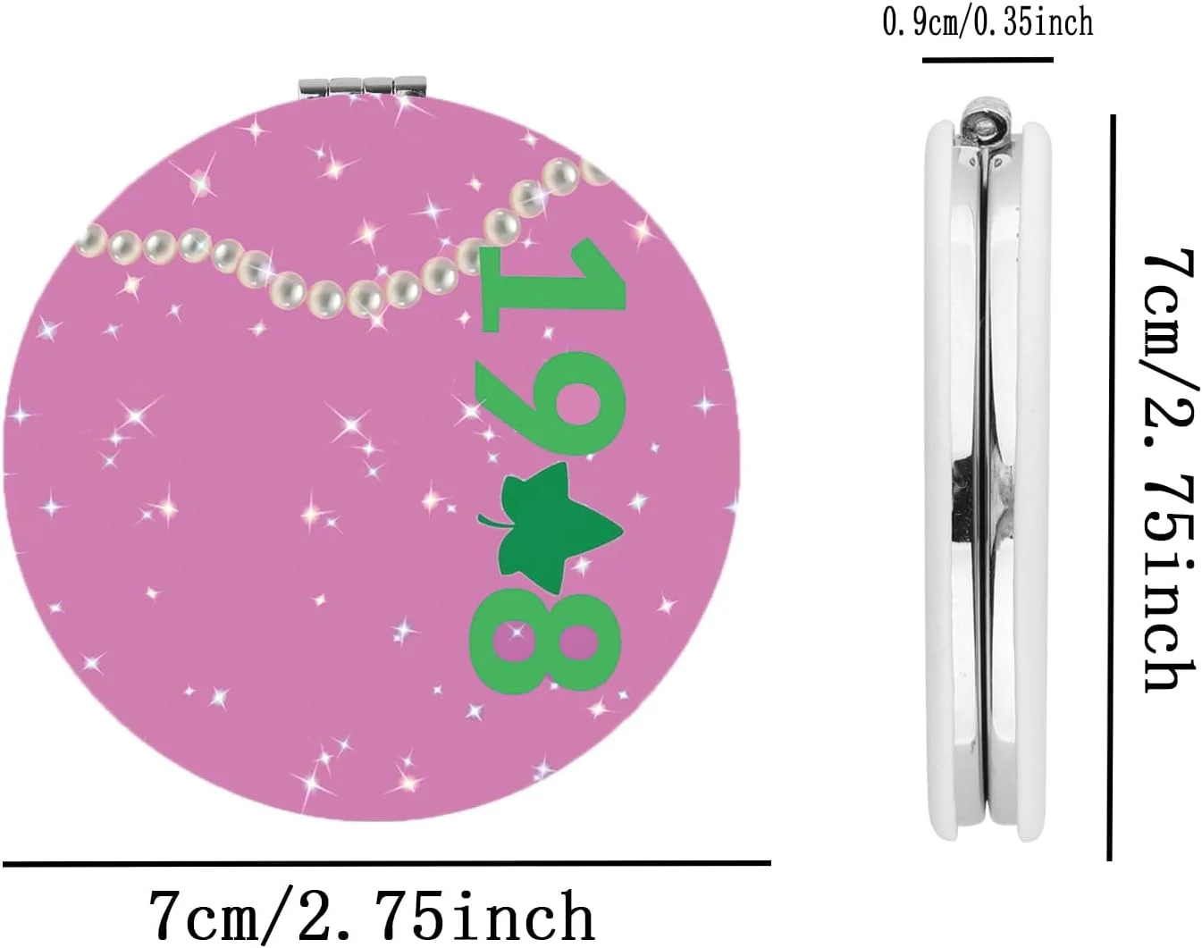 آینه آرایشی تاشو BEKECH 1908 هدیه ای برای انجمن زنان یونانی، صورتی و سبز، هدیه مروارید انجمن خواهری، آینه آرایشی فارغ التحصیلی (1908 و مروارید)