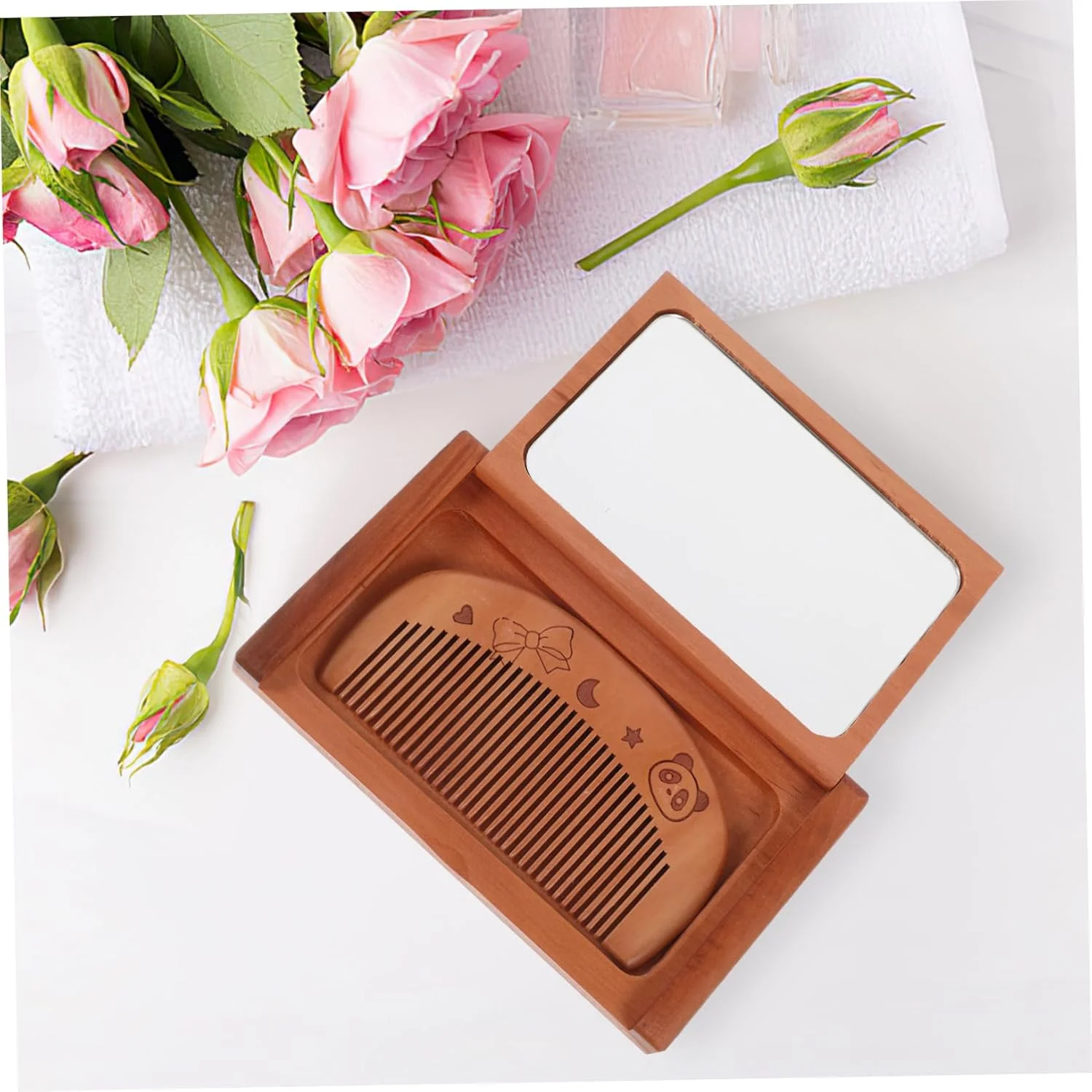 ست آینه و شانه چوبی BIUDECO، آینه تاشو، آینه کوچک، آینه مستطیلی کوچک با شانه، آینه جیبی جمع و جور، آینه قابل حمل دستی