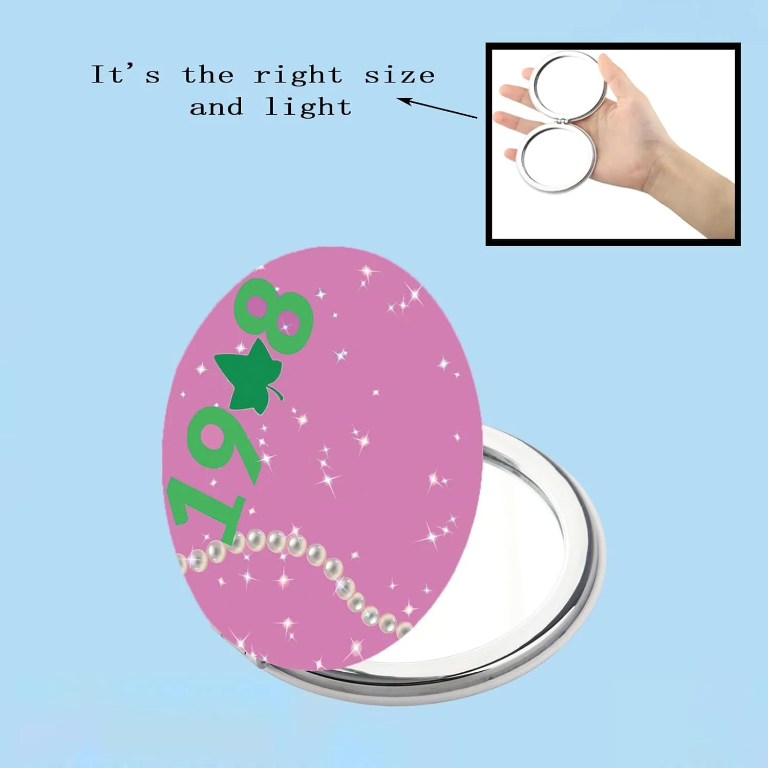 آینه آرایشی تاشو BEKECH 1908 هدیه ای برای انجمن زنان یونانی، صورتی و سبز، هدیه مروارید انجمن خواهری، آینه آرایشی فارغ التحصیلی (1908 و مروارید)