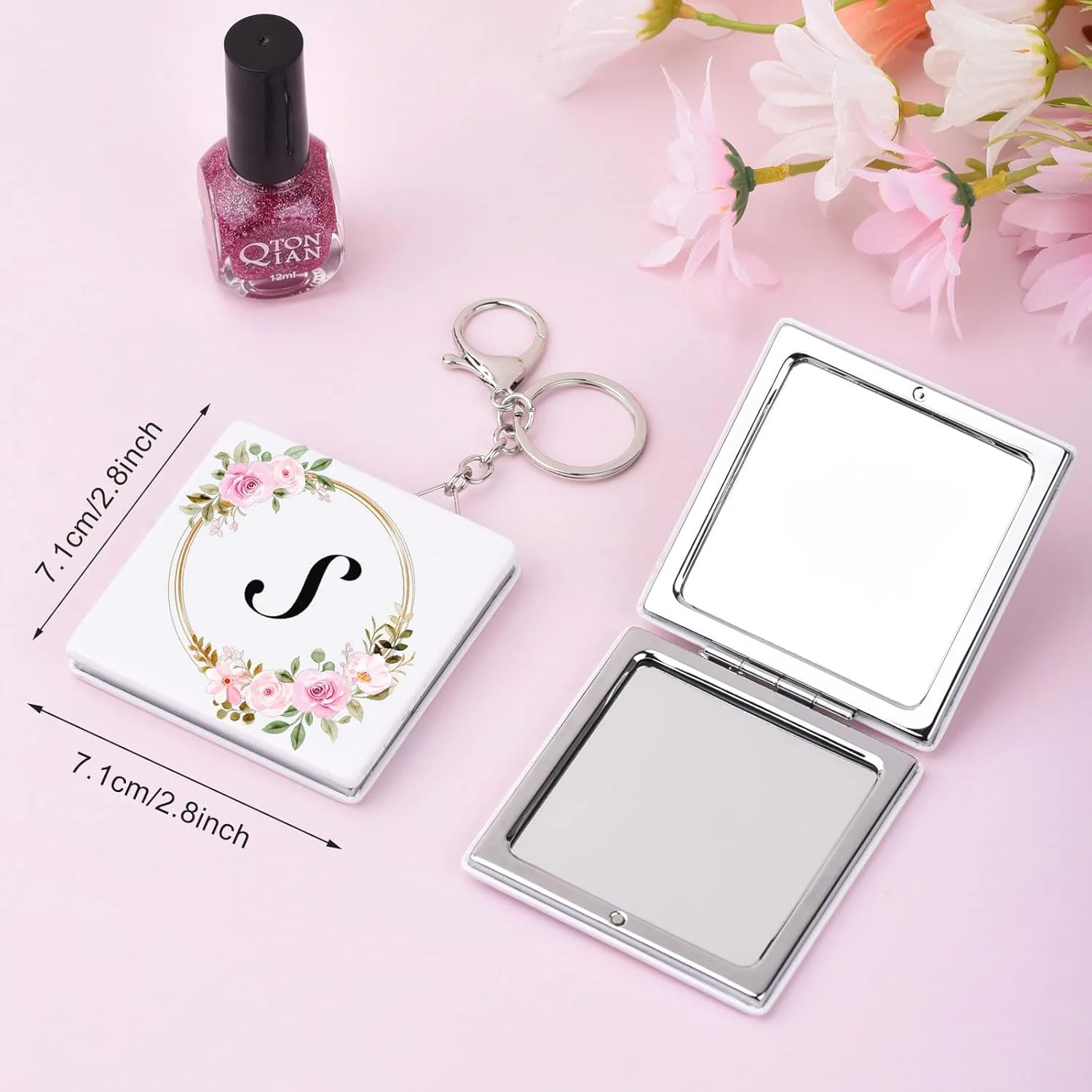 آینه آرایشی جیبی فشرده شخصی‌سازی شده BAOSIWA، آینه مسافرتی با بزرگنمایی 1X/2X به همراه جاکلیدی، مناسب برای هدیه روز ولنتاین، دختران نوجوان و خانم‌ها